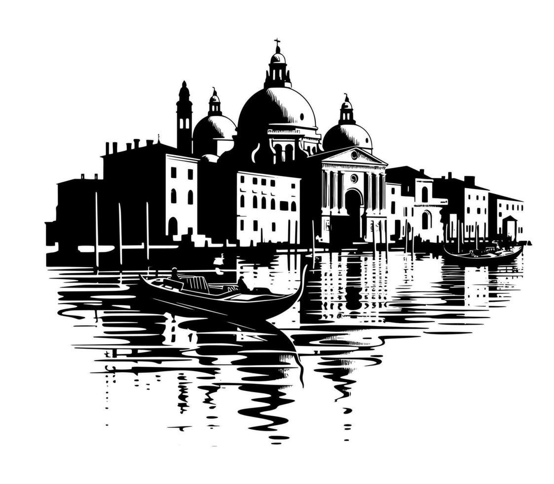 Silhouette of Venice skyline and architecture with gondola on the water. Silhouette vector illustration