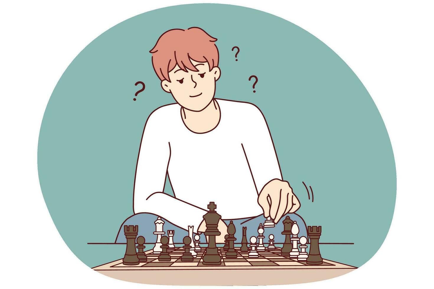 Young man feel frustrated think playing chess at home. Millennial guy involved in game on chessboard. Hobby concept. Vector illustration.