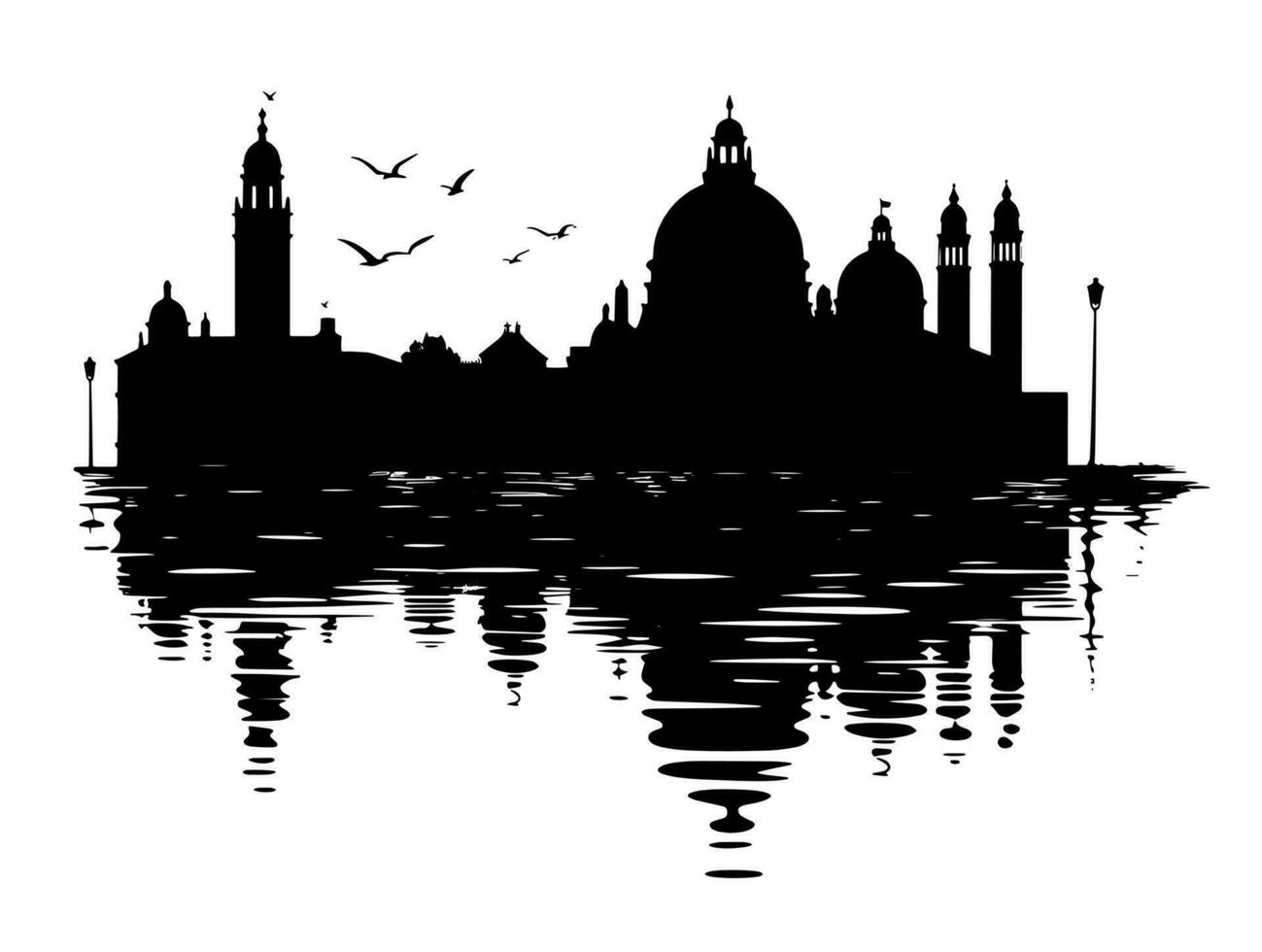 Silhouette of Venice skyline and architecture with gondola on the water. Silhouette vector illustration