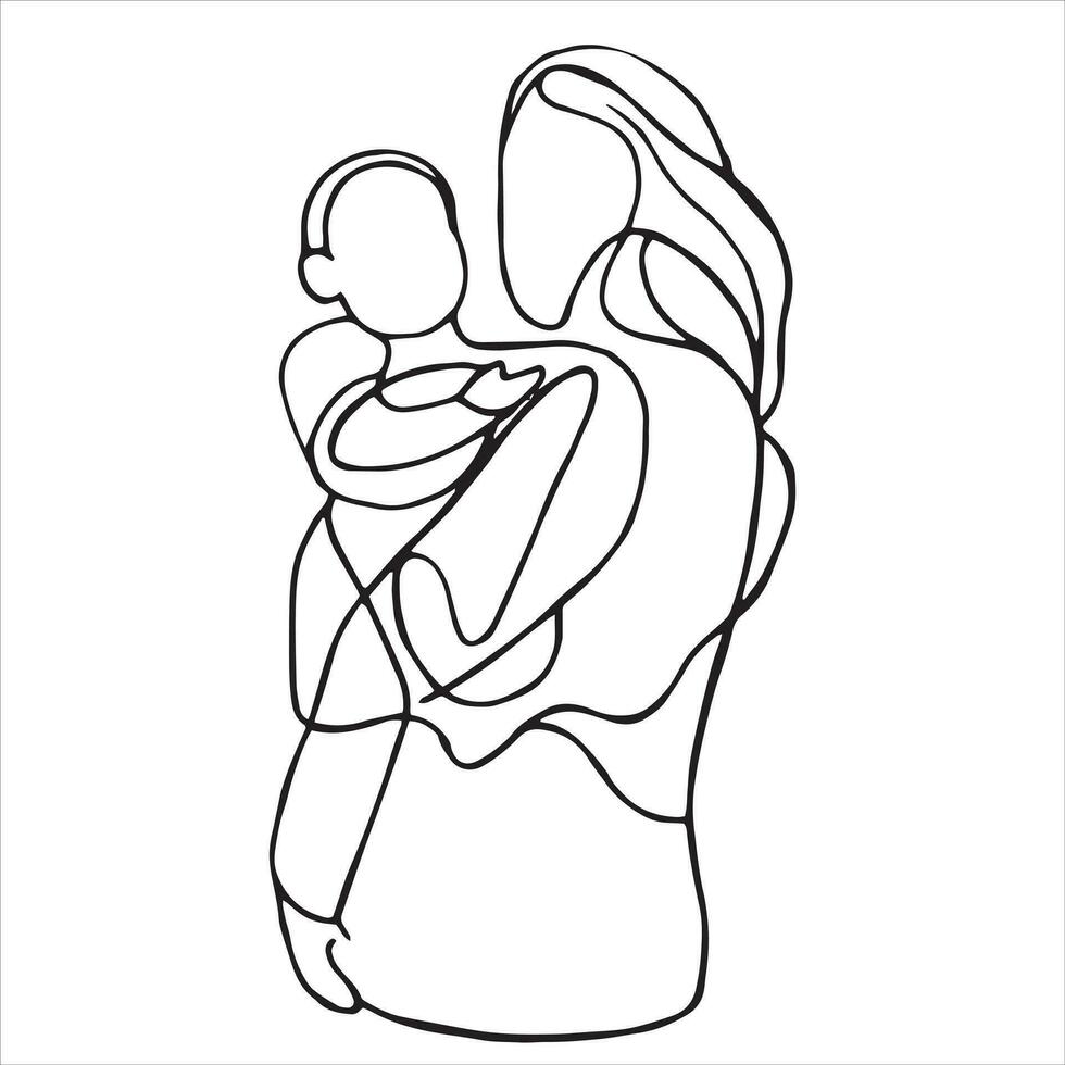 abstract linear drawing of a woman holding a child in her arms. motherhood theme, outline vector illustration