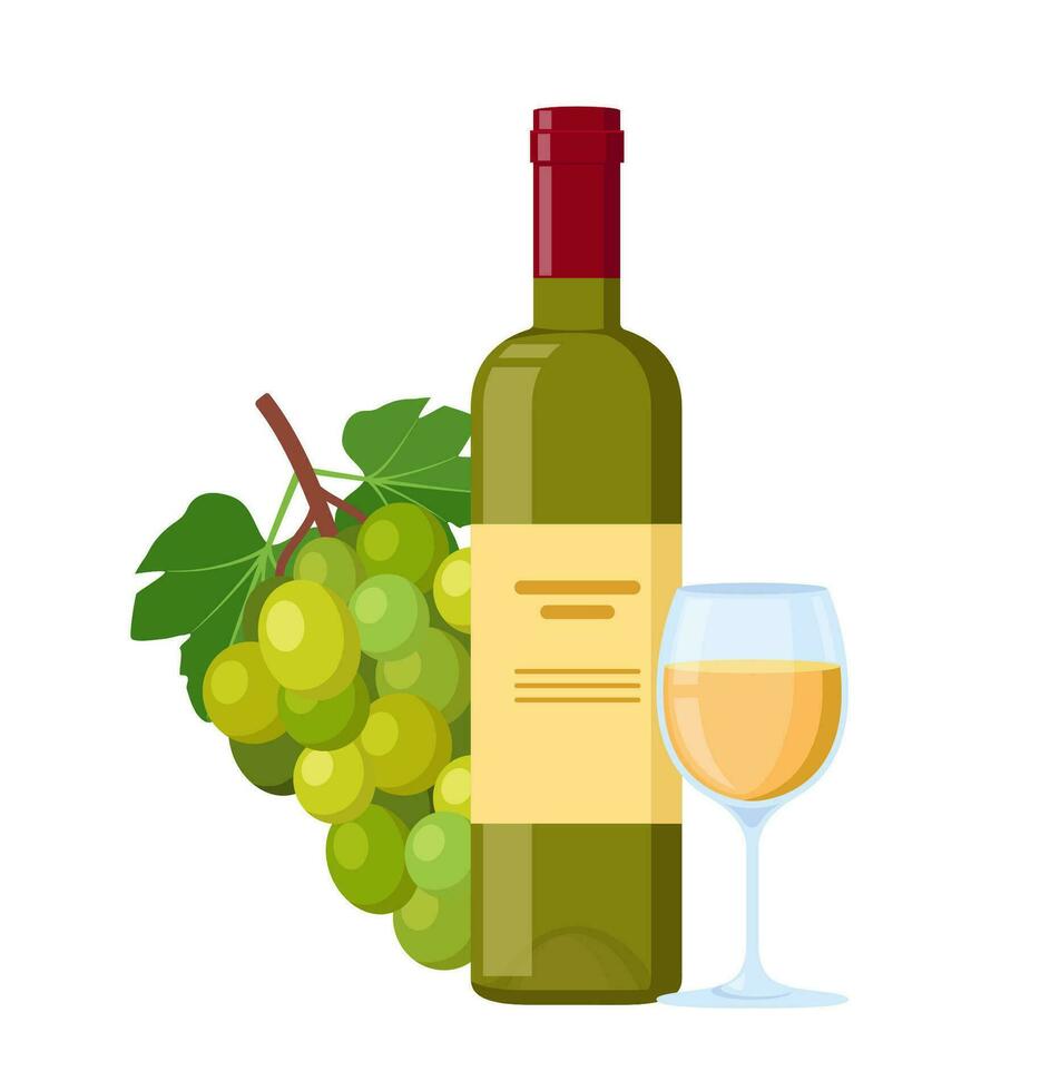 Bottle of wine with a glass and grapes. Winery. Vector illustration.