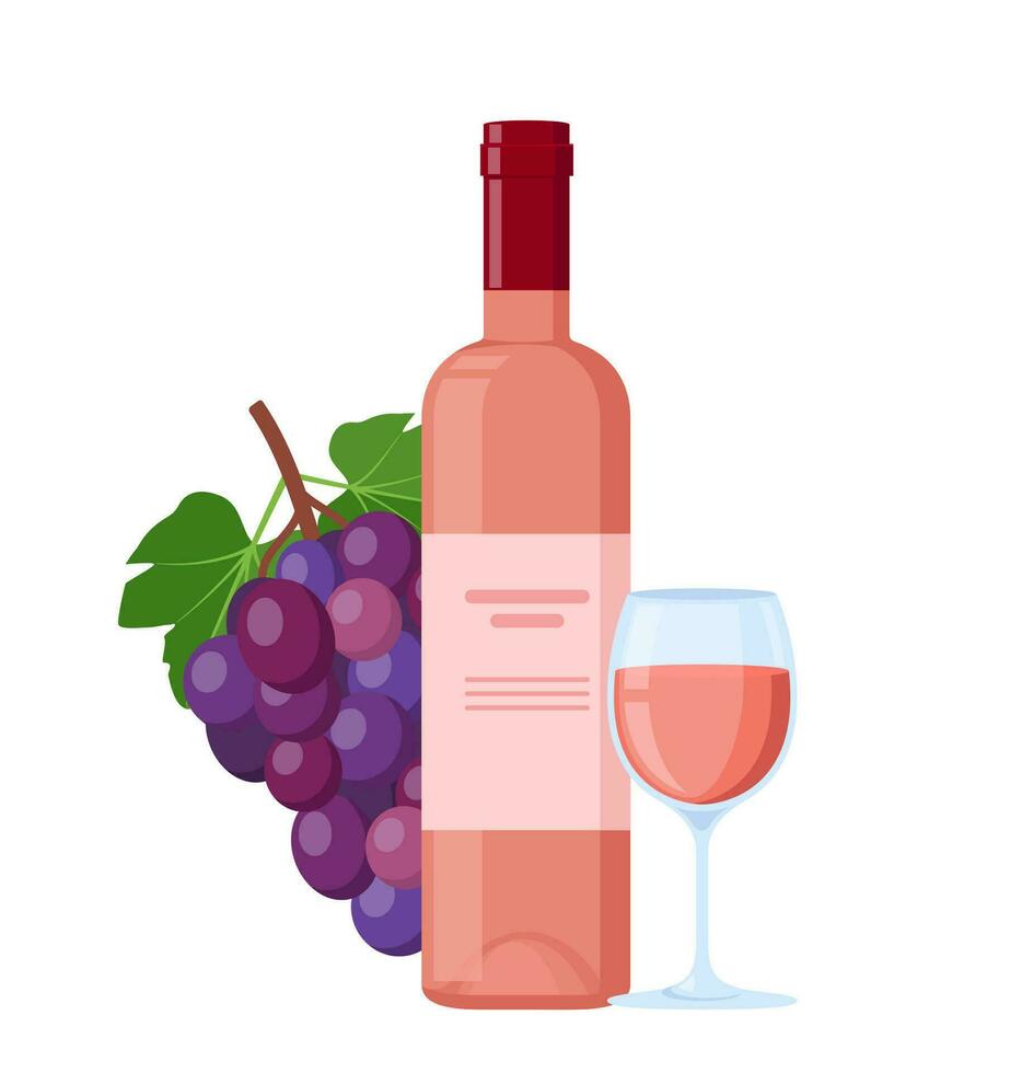 Bottle of wine with a glass and grapes. Winery. Vector illustration.