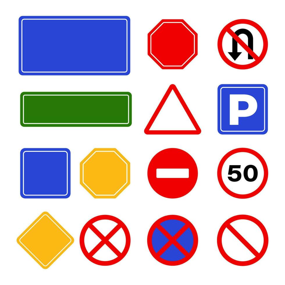 Road signs, set. Traffic signs on white background. Road traffic safety. Vector illustration.
