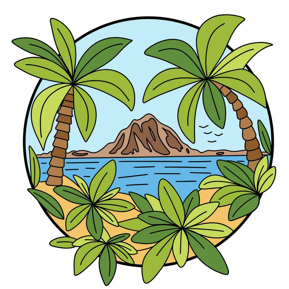 Doodle summer view. Summer scenery outline in circle. Palm trees, mountain and tropical plants. Hand drawn vector art.