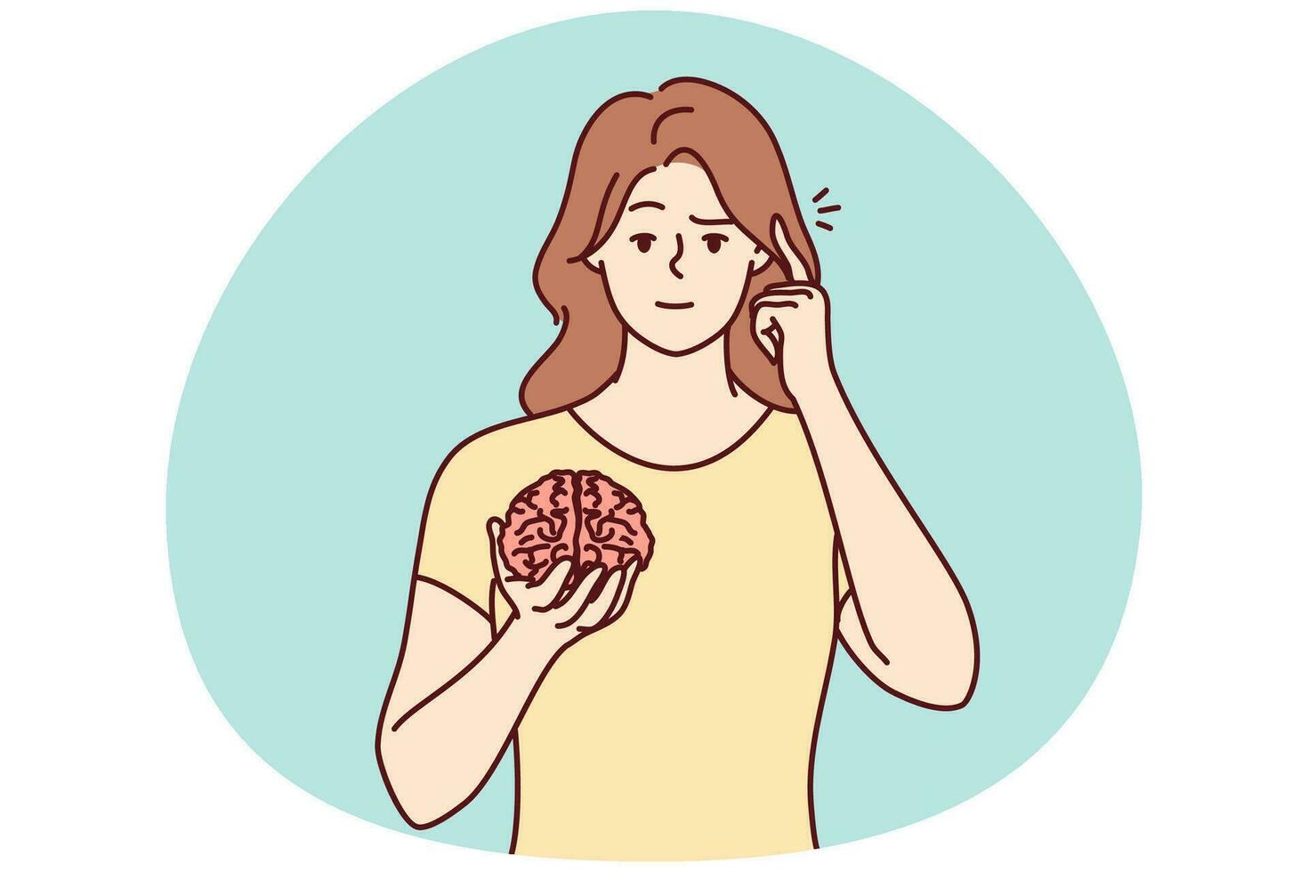 Young woman holding brain hands show at head. Focused female ask to use brain and think and consider more. Vector illustration.