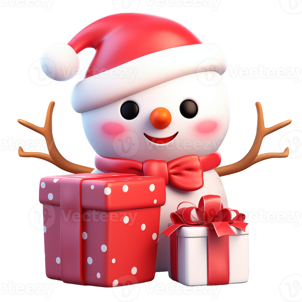 AI generated Cute snowman with red hat with Christmas gift elements, 3d design. Suitable for Christmas and design elements png