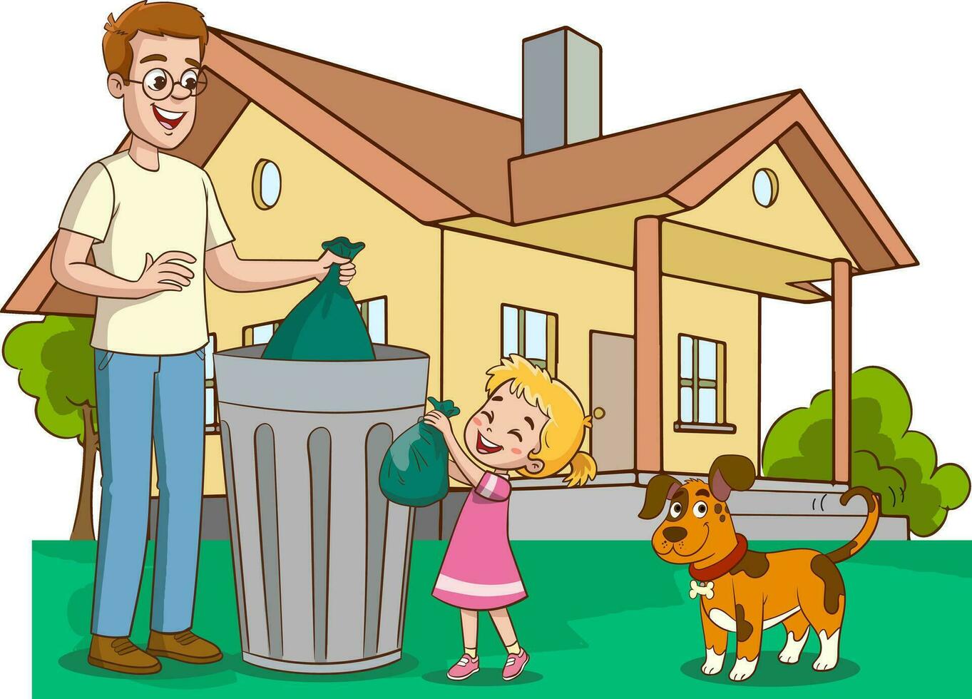 vector ilustración de padre y niños limpieza el casa con un basura lata y un perro.