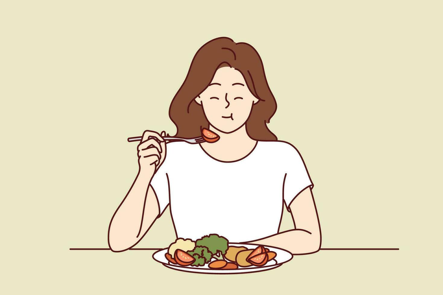 mujer come apetitoso Fresco vegetal ensalada y cierra ojos, disfrutando delicioso y sano dieta. niña tiene almuerzo o cena con verduras, según a Consejo de nutricionista, recomendado nuevo dieta vector