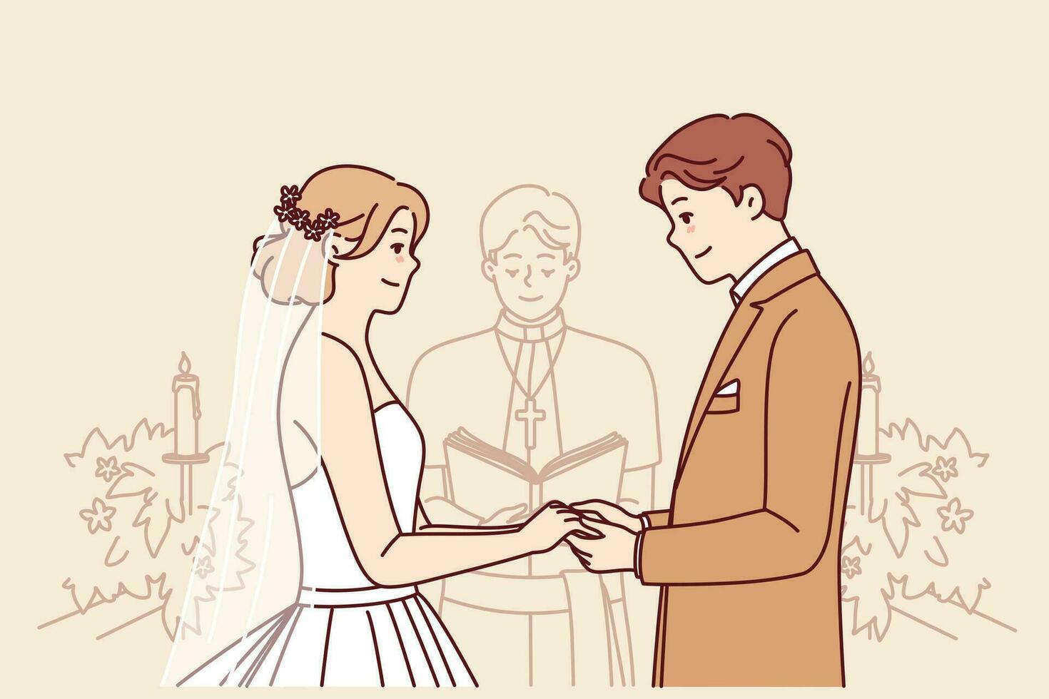 Bride and groom on altar, hold hands and listen to speech of priest during wedding ceremony in church. Wedding ceremony with man and woman, want to create new family for living together vector