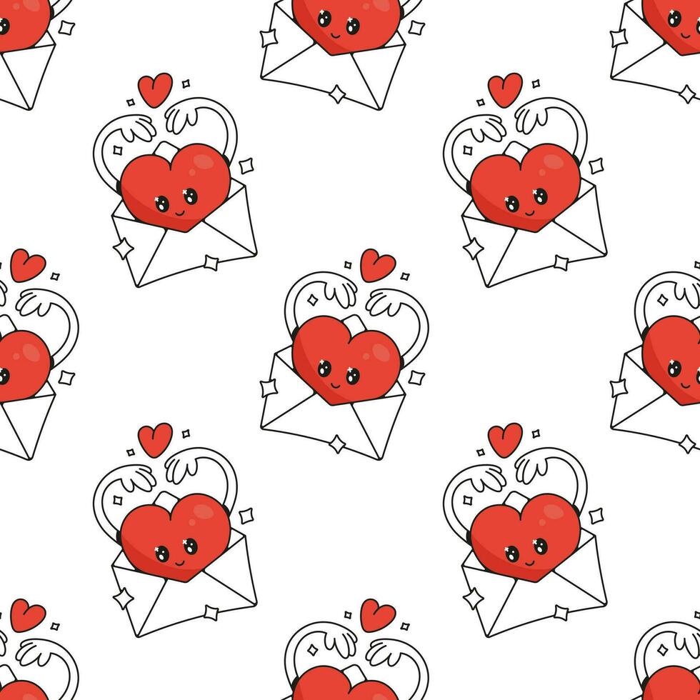 Red heart. Cute funny cartoon character. Seamless pattern. Vector background for February 14th. Happy Valentine's Day concept. Romantic talisman.