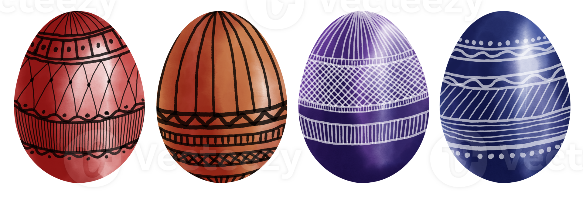 Set of watercolor Easter eggs with geometric pattern. Collection of Hand drawn colored Easter eggs with ornament on transparent background png