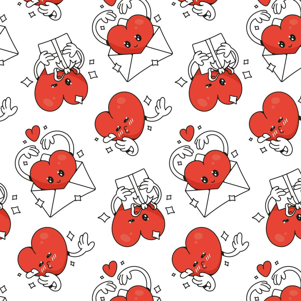 Red heart. Cute funny cartoon character. Seamless pattern. Vector background for February 14th. Happy Valentine's Day concept. Romantic talisman.