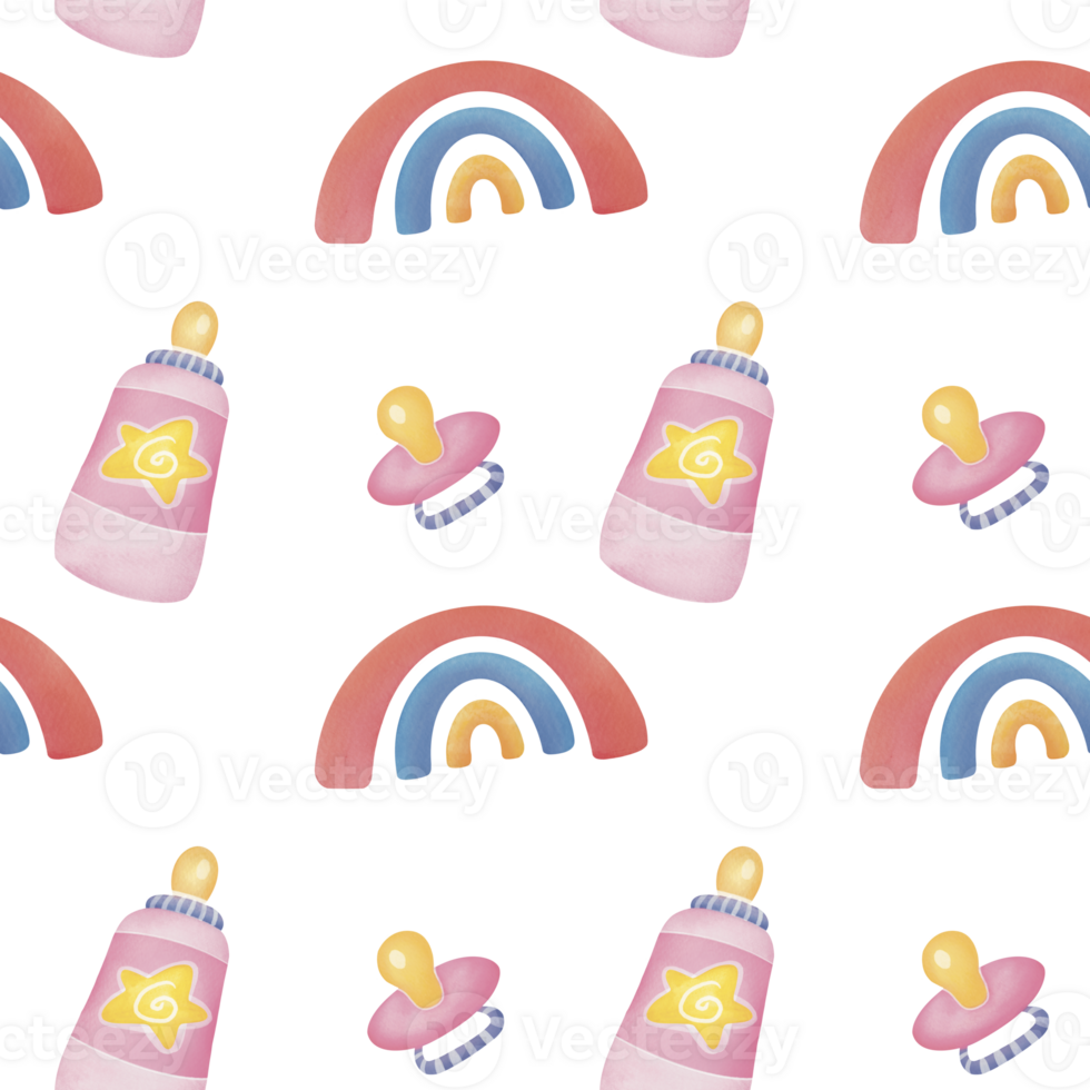 cute Newborn girl set with blue pink pacifier, Milk bottle, rainbow. Hand drawn watercolor seamless pattern on transparent background. concept of caring for babies, parenthood and childhood png
