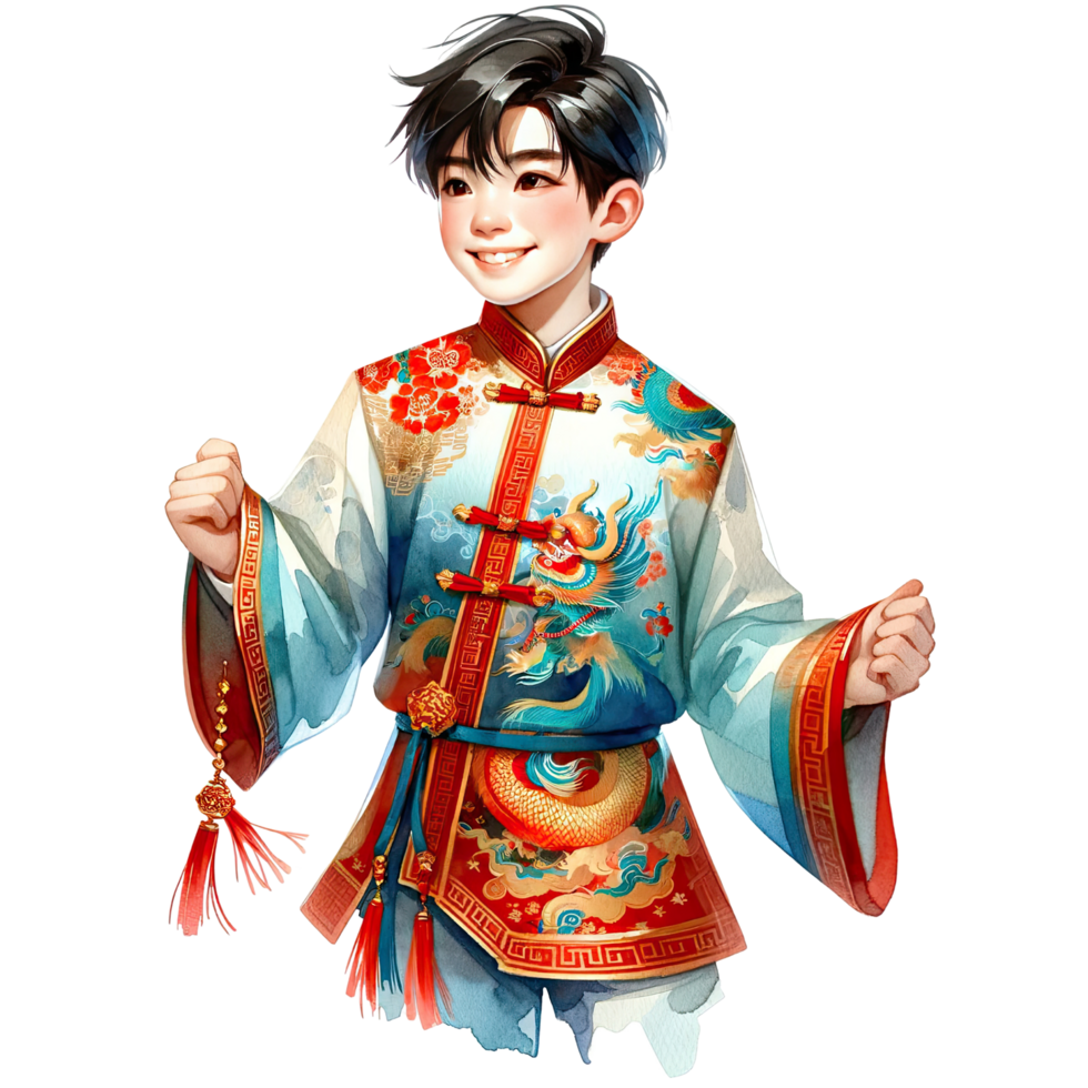 AI generated Watercolor Chinese boy wear red changshan suits for lunar new year png