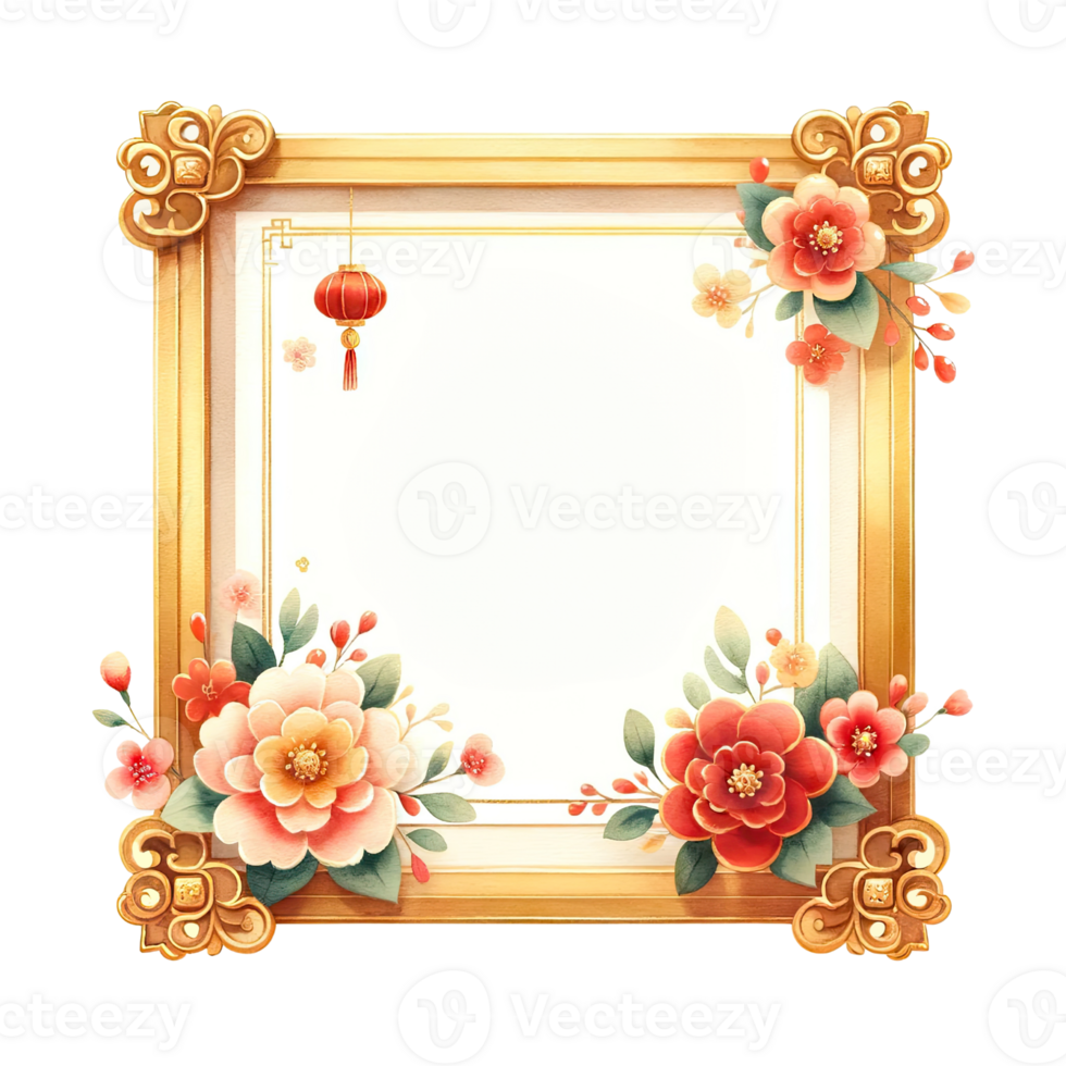 AI generated Chinese New Year flower gold frame png