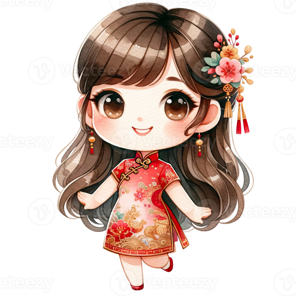 AI generated Watercolor Chinese girl wear red qipao dress for lunar new year png