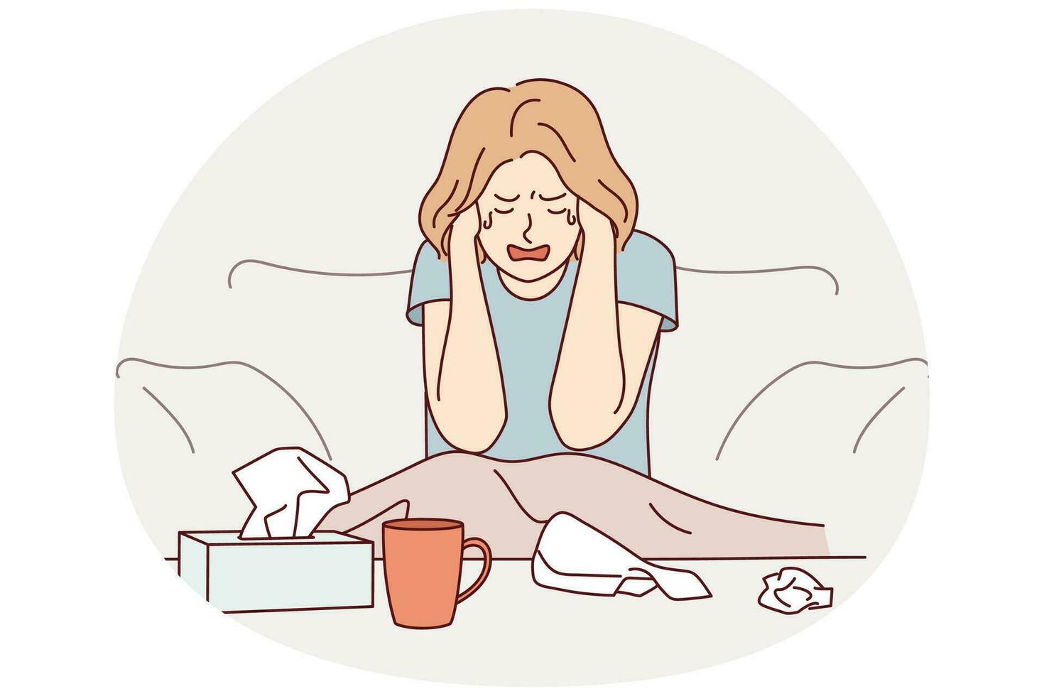 Unhappy young woman sit on couch at home crying suffering from depression or life problems. Sad girl feel down distressed alone. Breakup and mental trouble. Vector illustration.