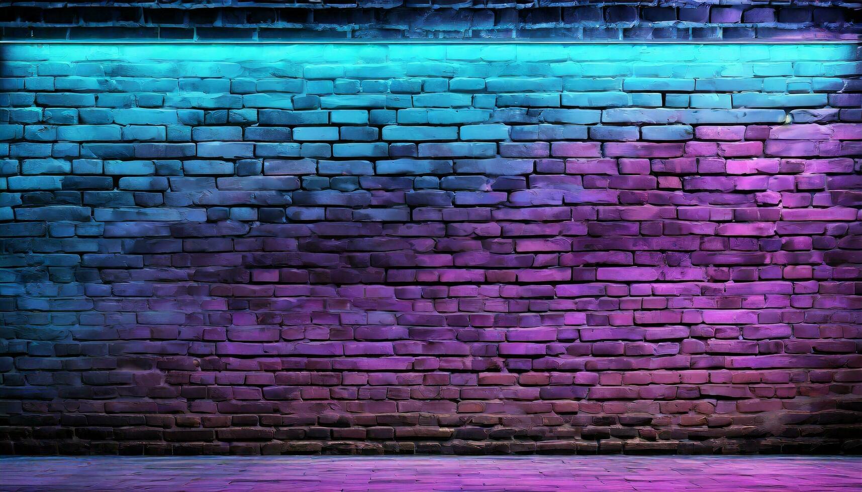 AI generated Modern futuristic neon lights on old grunge brick wall room background. 3d rendering photo