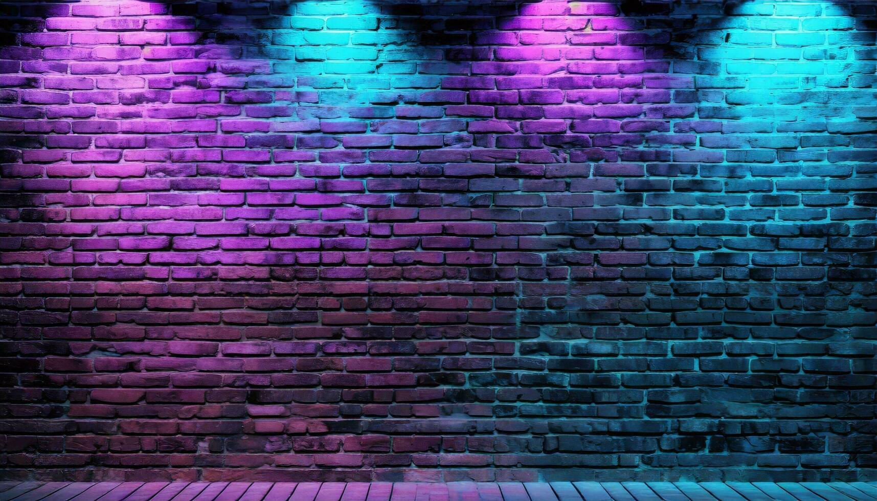 AI generated Modern futuristic neon lights on old grunge brick wall room background. 3d rendering photo