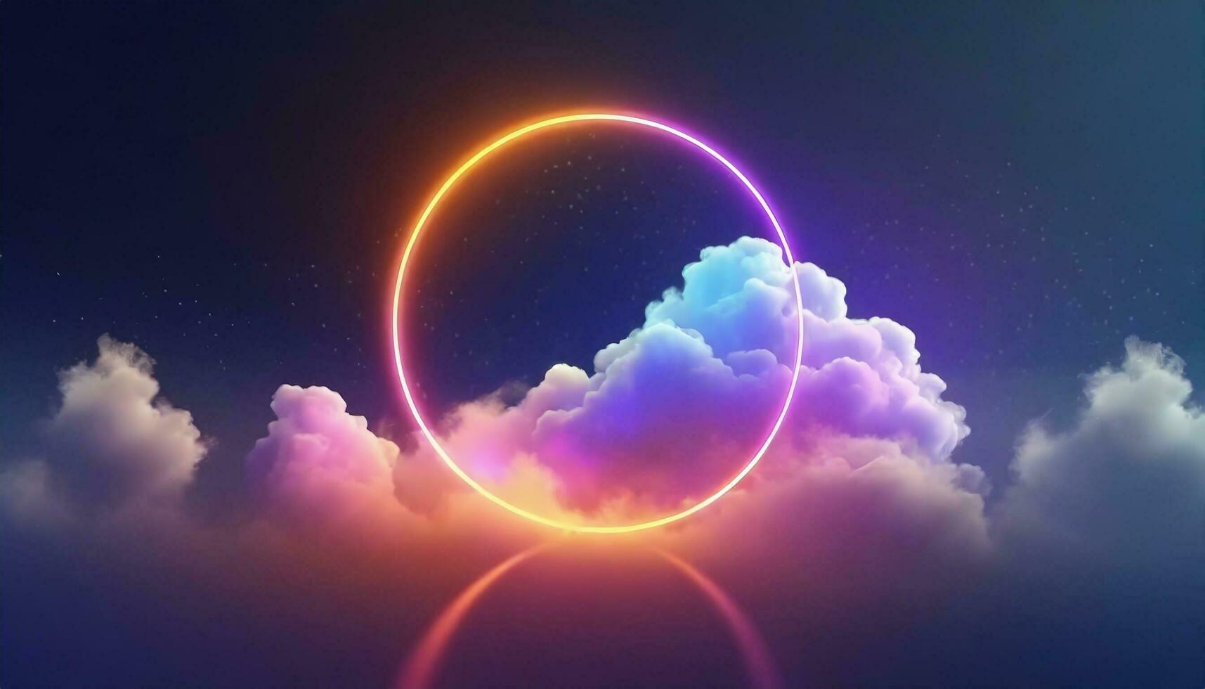 AI generated 3d render, abstract cloud illuminated with neon light ring on dark night sky. Glowing geometric shape, round frame photo