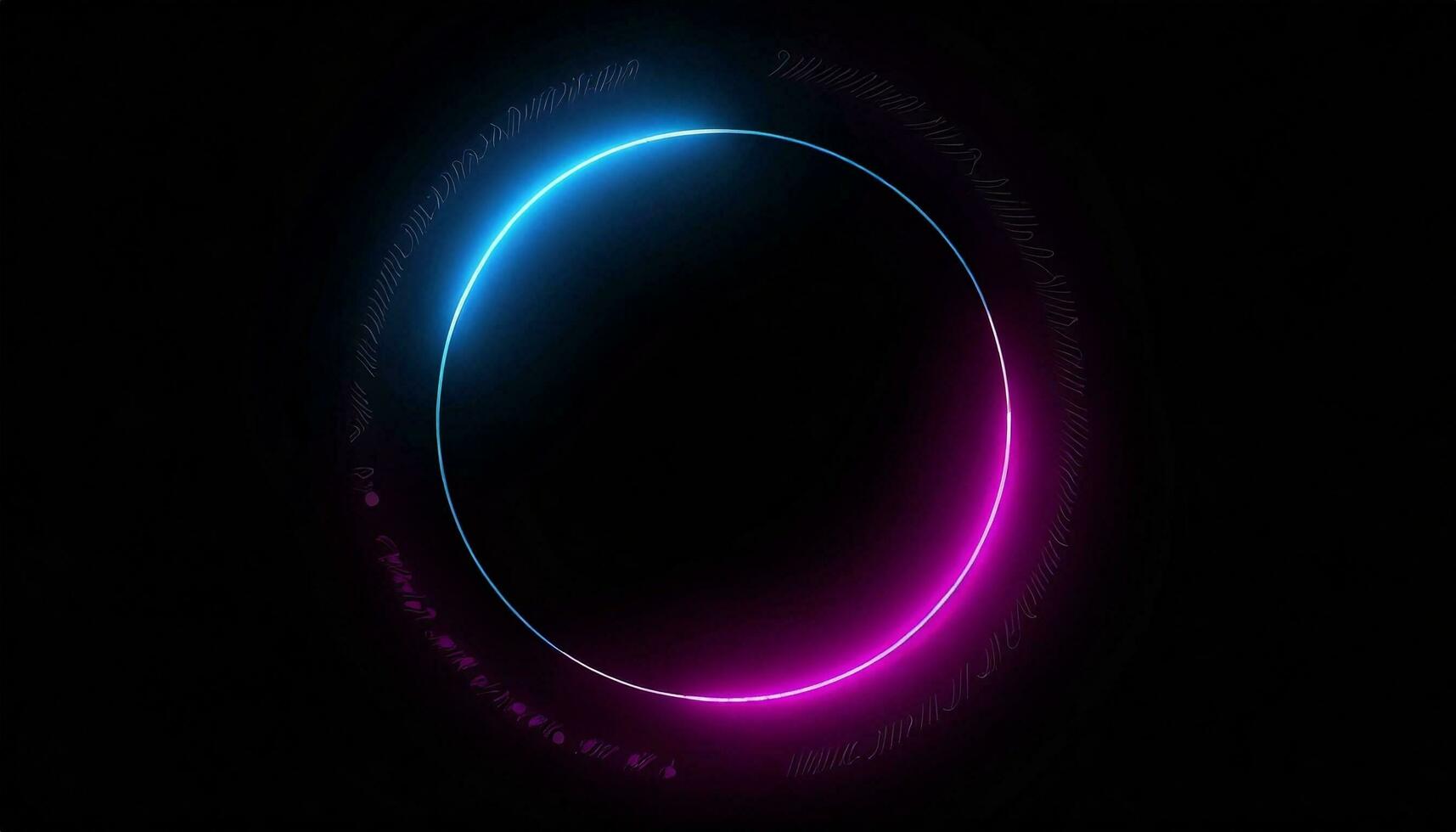 AI generated Round circle picture frame with two tone neon color shade motion graphic on isolated black background. Blue and pink light moving for overlay element. 3D illustration rendering. photo