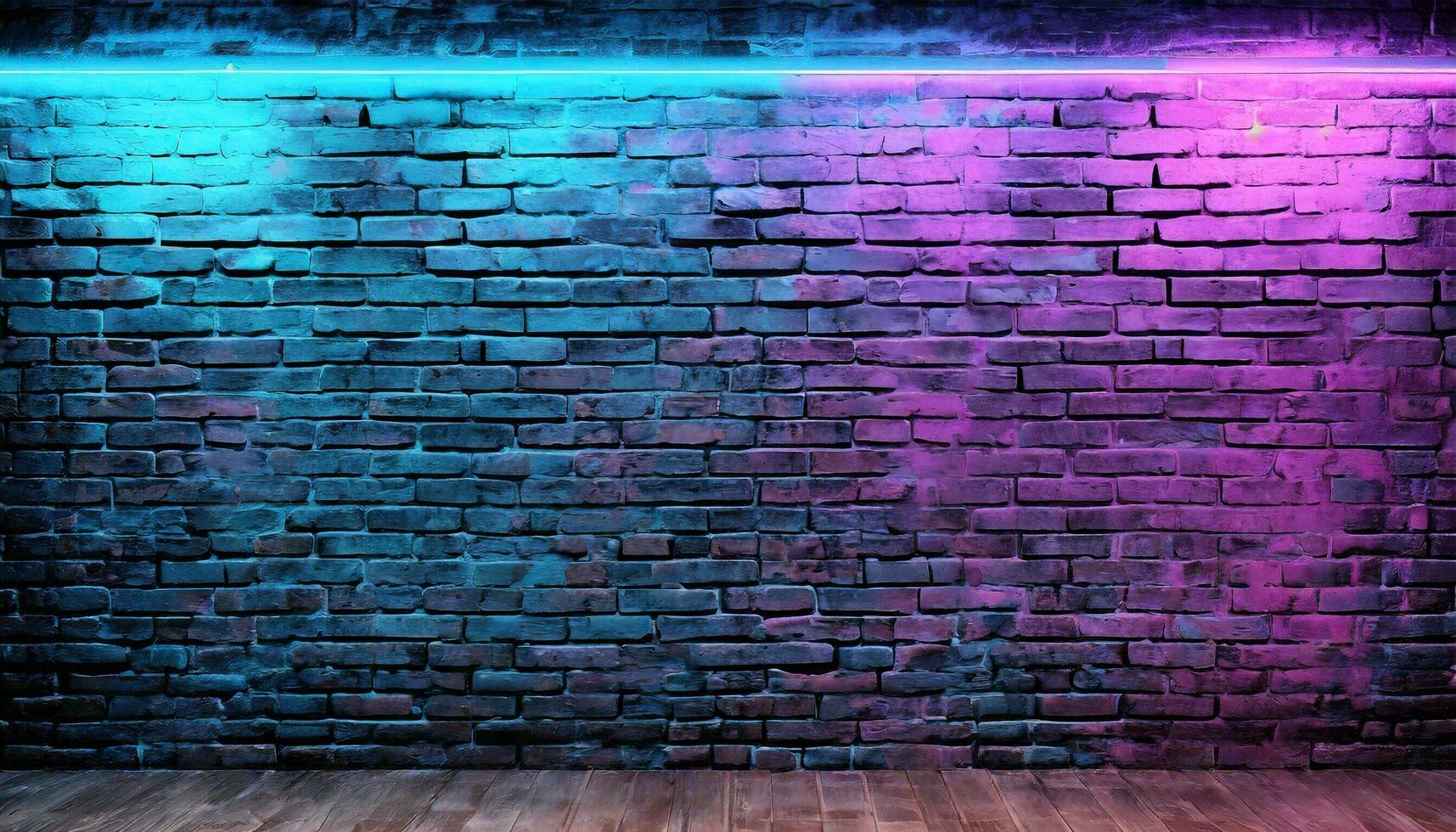 AI generated Modern futuristic neon lights on old grunge brick wall room background. 3d rendering photo