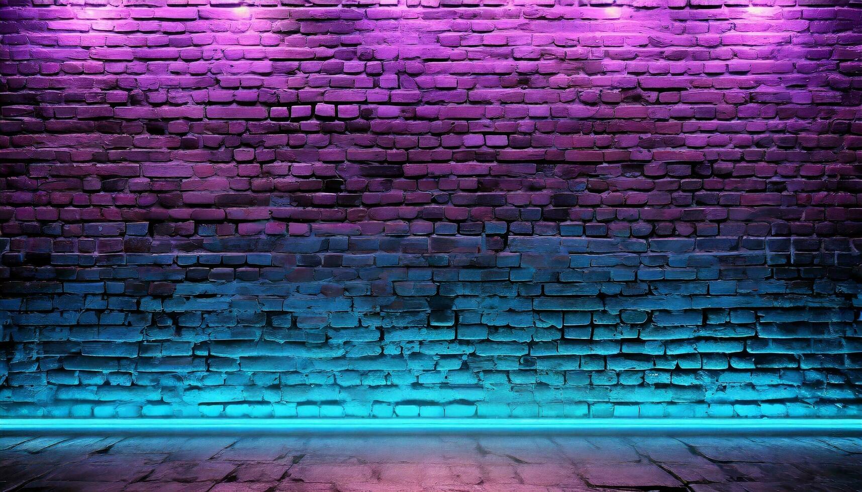 AI generated Modern futuristic neon lights on old grunge brick wall room background. 3d rendering photo
