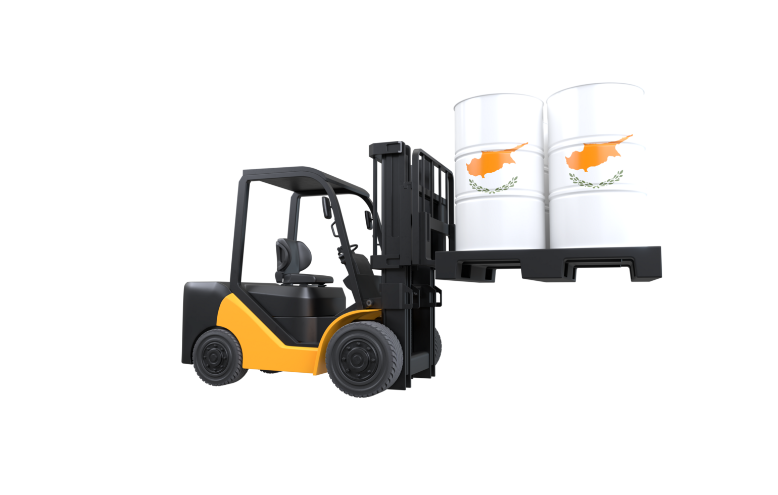 Forklift lifting fuel tank with Cyprus flag on transparent background, PNG file