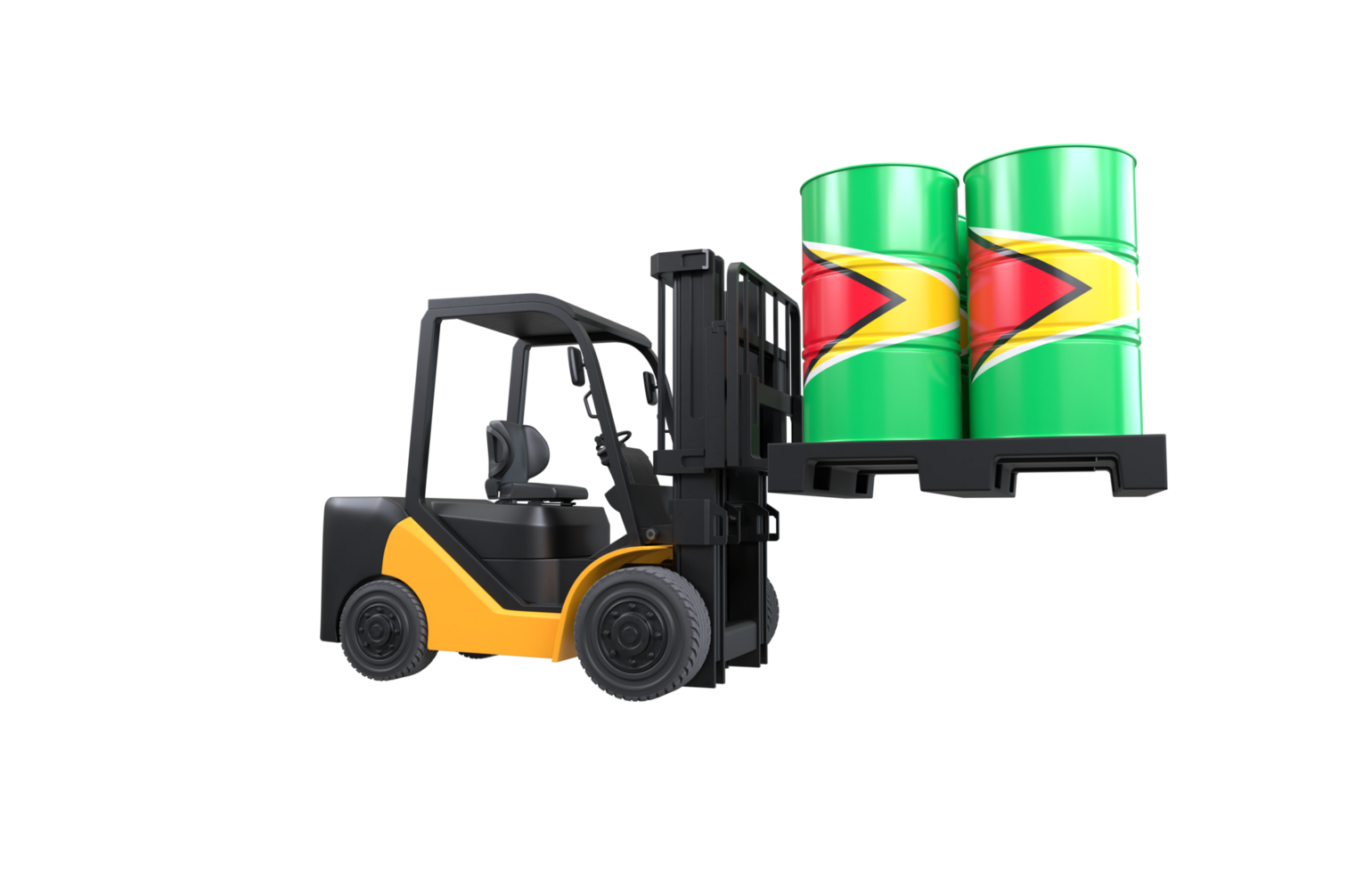 Forklift lifting fuel tank with national flag on transparent background, PNG file