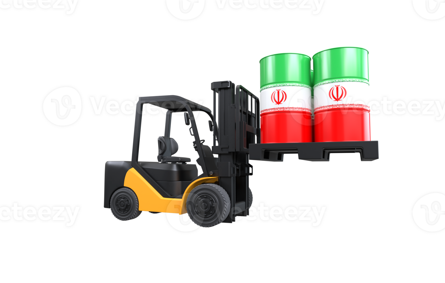 Forklift lifting fuel tank with Iran flag on transparent background, PNG file