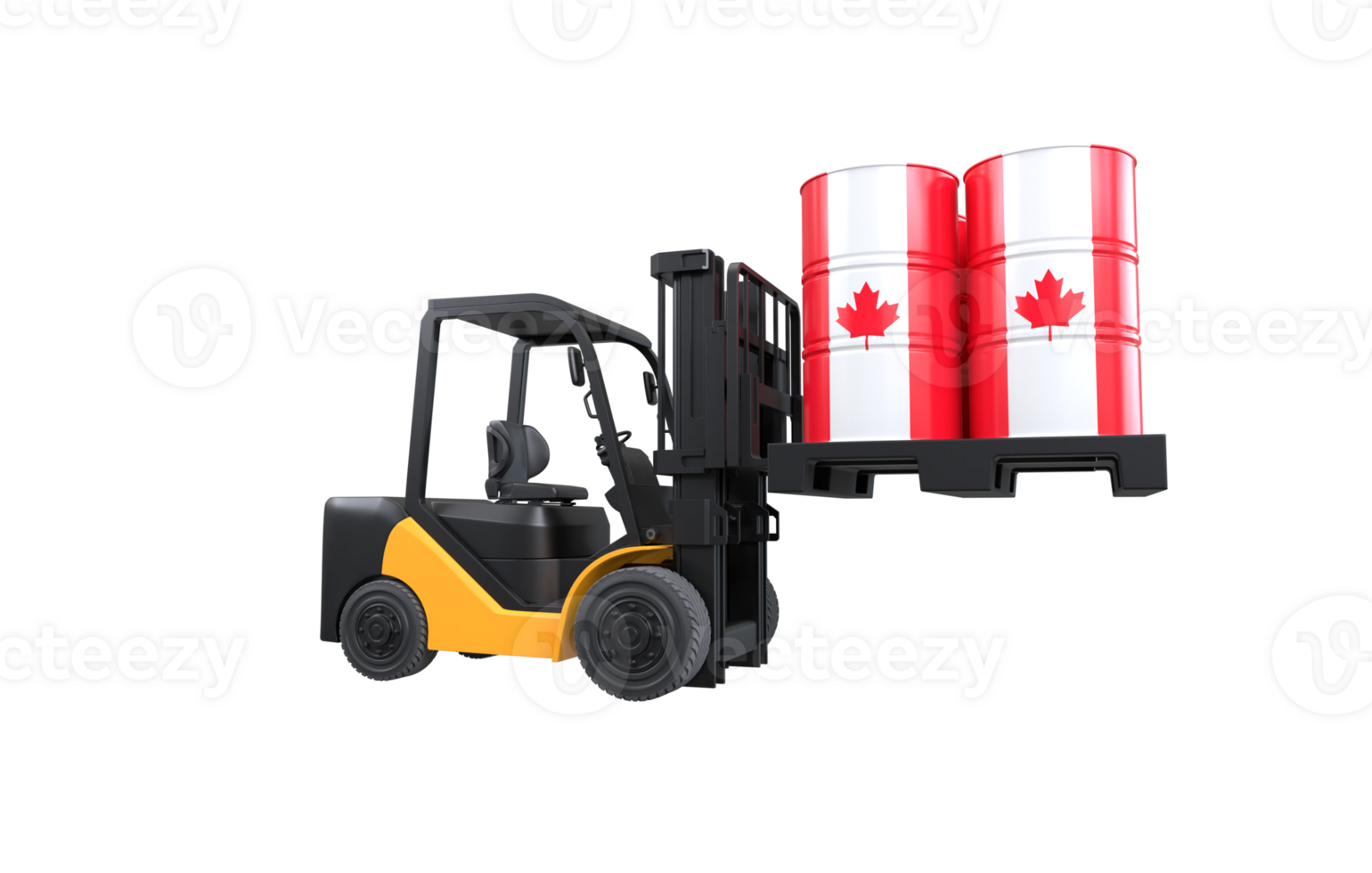 Forklift lifting fuel tank with Canada flag on transparent background, PNG file