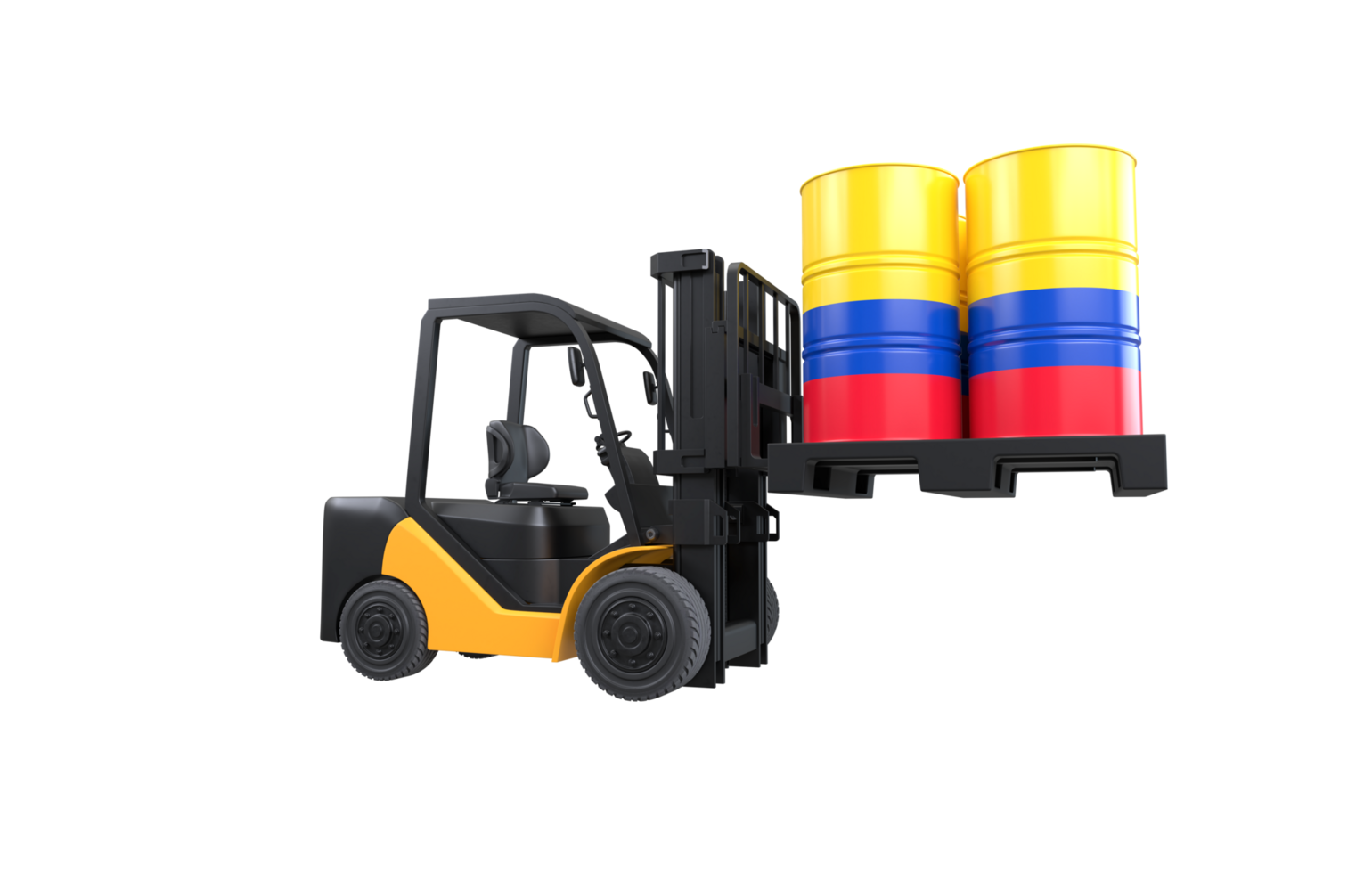 Forklift lifting fuel tank with Colombia flag on transparent background, PNG file