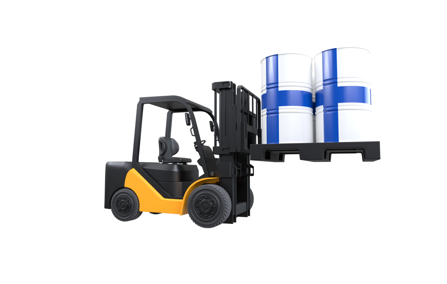 Forklift lifting fuel tank with Finnland flag on transparent background, PNG file