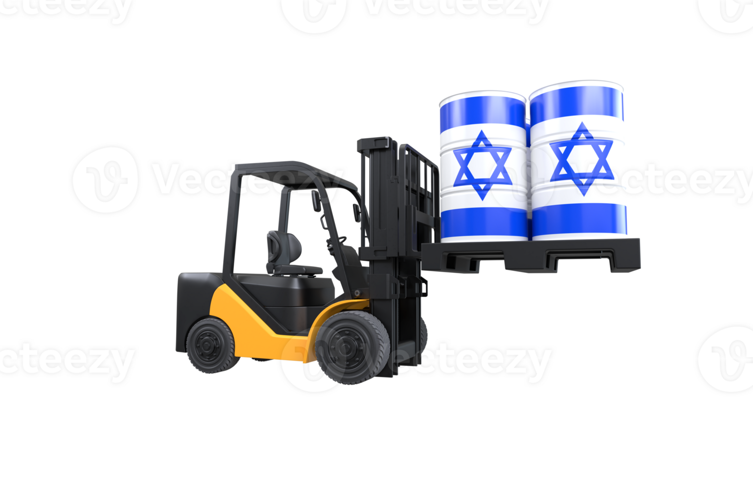 Forklift lifting fuel tank with Israel flag on transparent background, PNG file