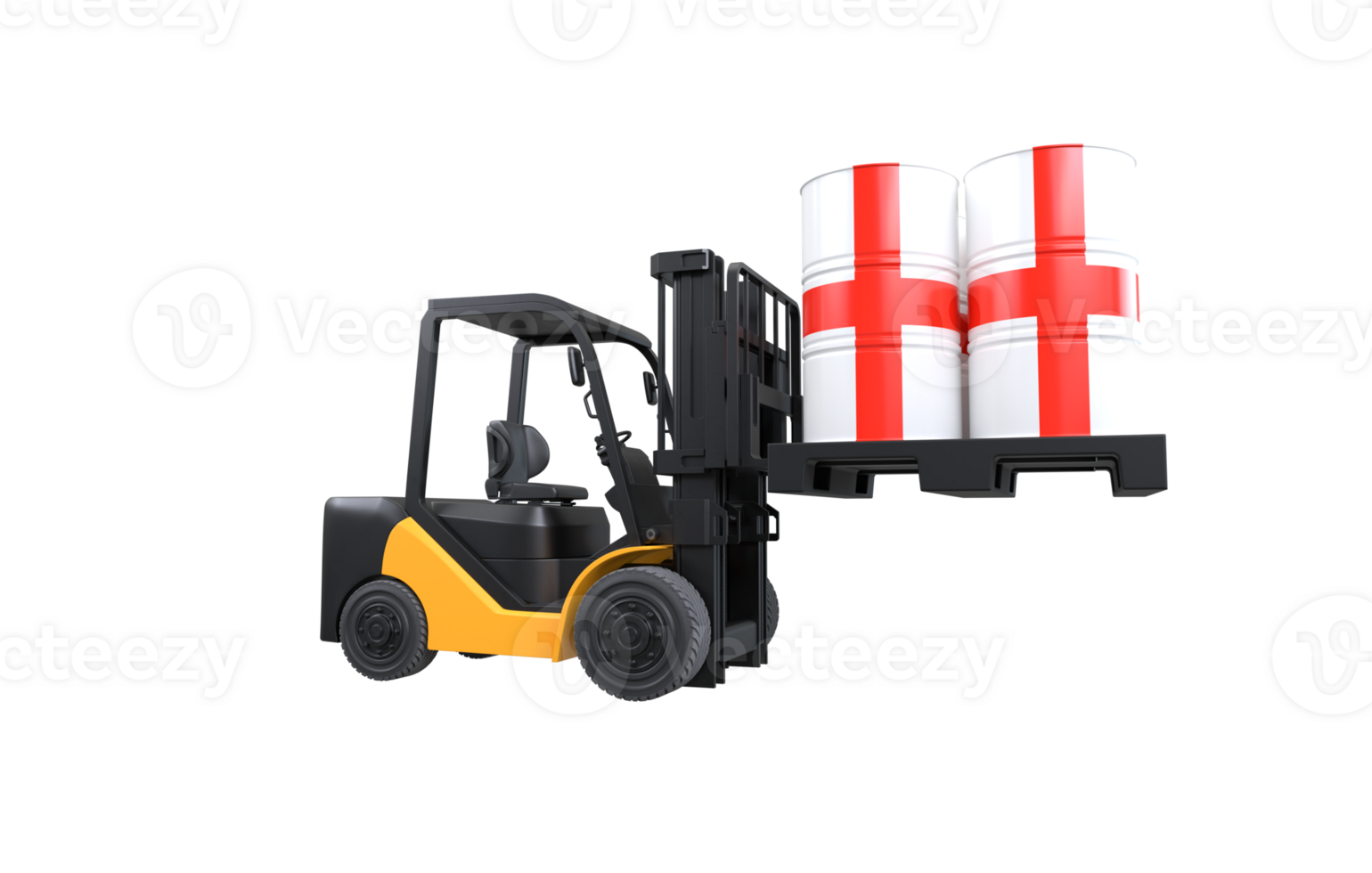 Forklift lifting fuel tank with England flag on transparent background, PNG file