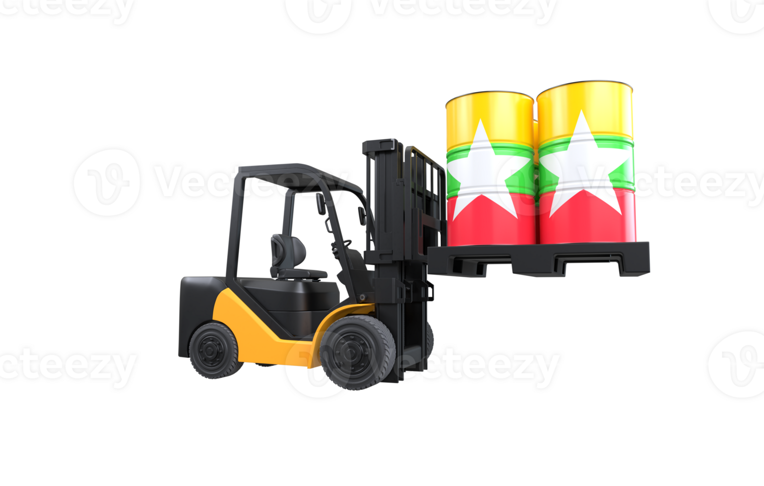 Forklift lifting fuel tank with Myanmar flag on transparent background, PNG file