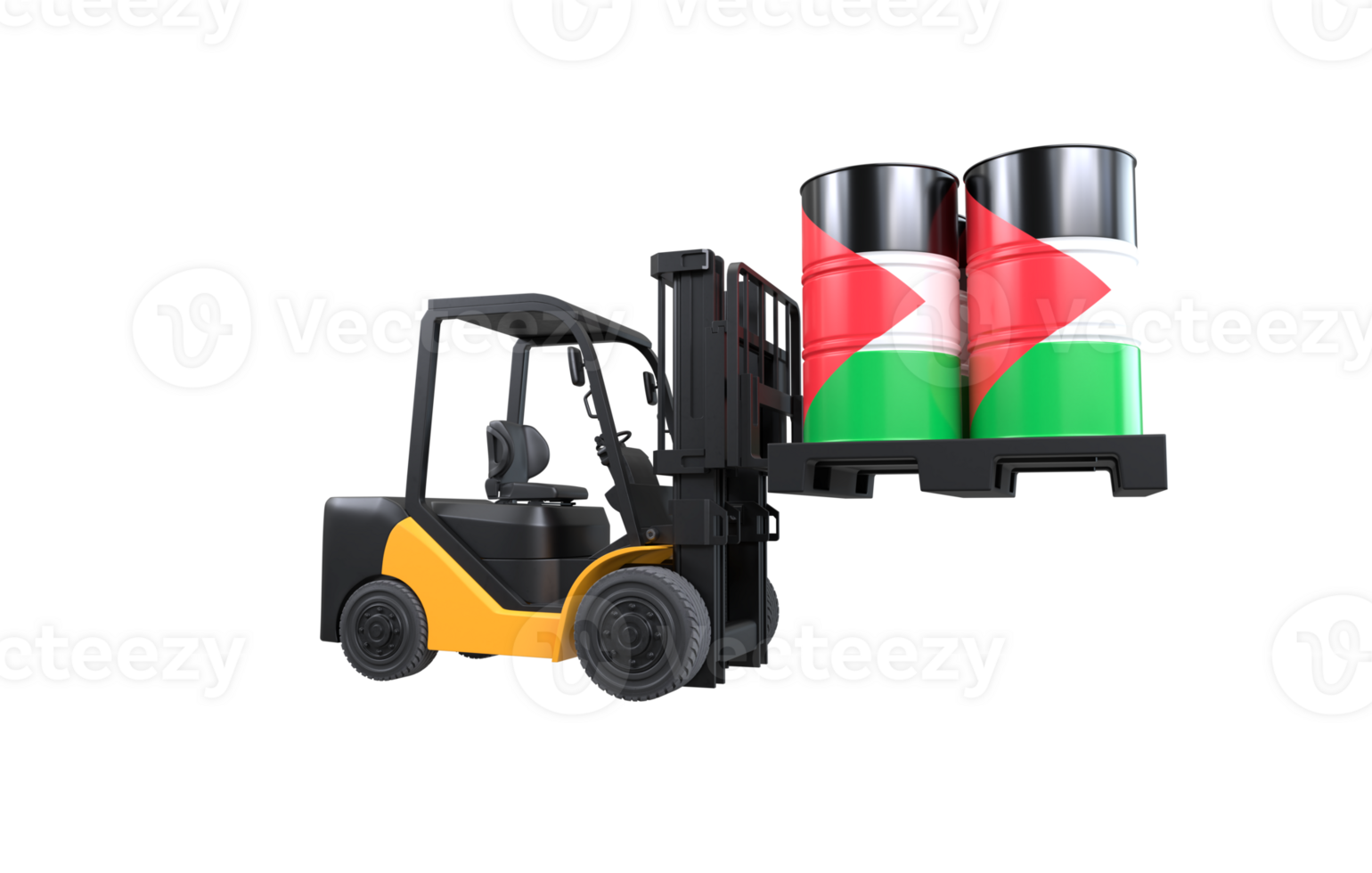 Forklift lifting fuel tank with Palestine flag on transparent background, PNG file