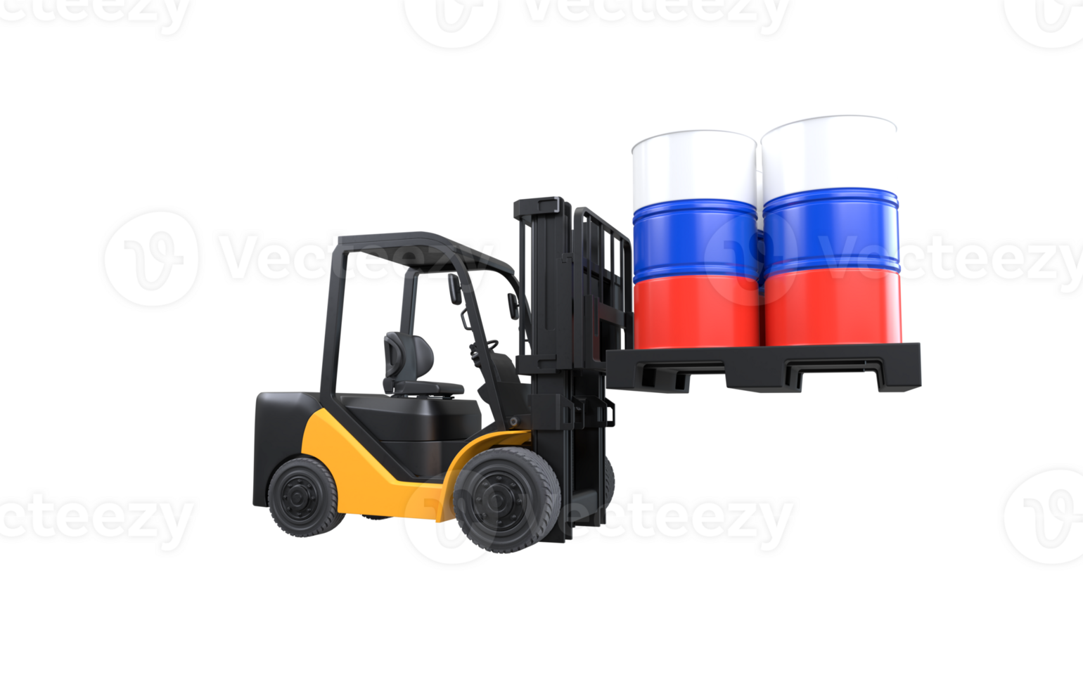 Forklift lifting fuel tank with Russia flag on transparent background, PNG file