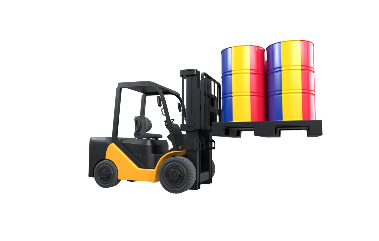 Forklift lifting fuel tank with Romania flag on transparent background, PNG file