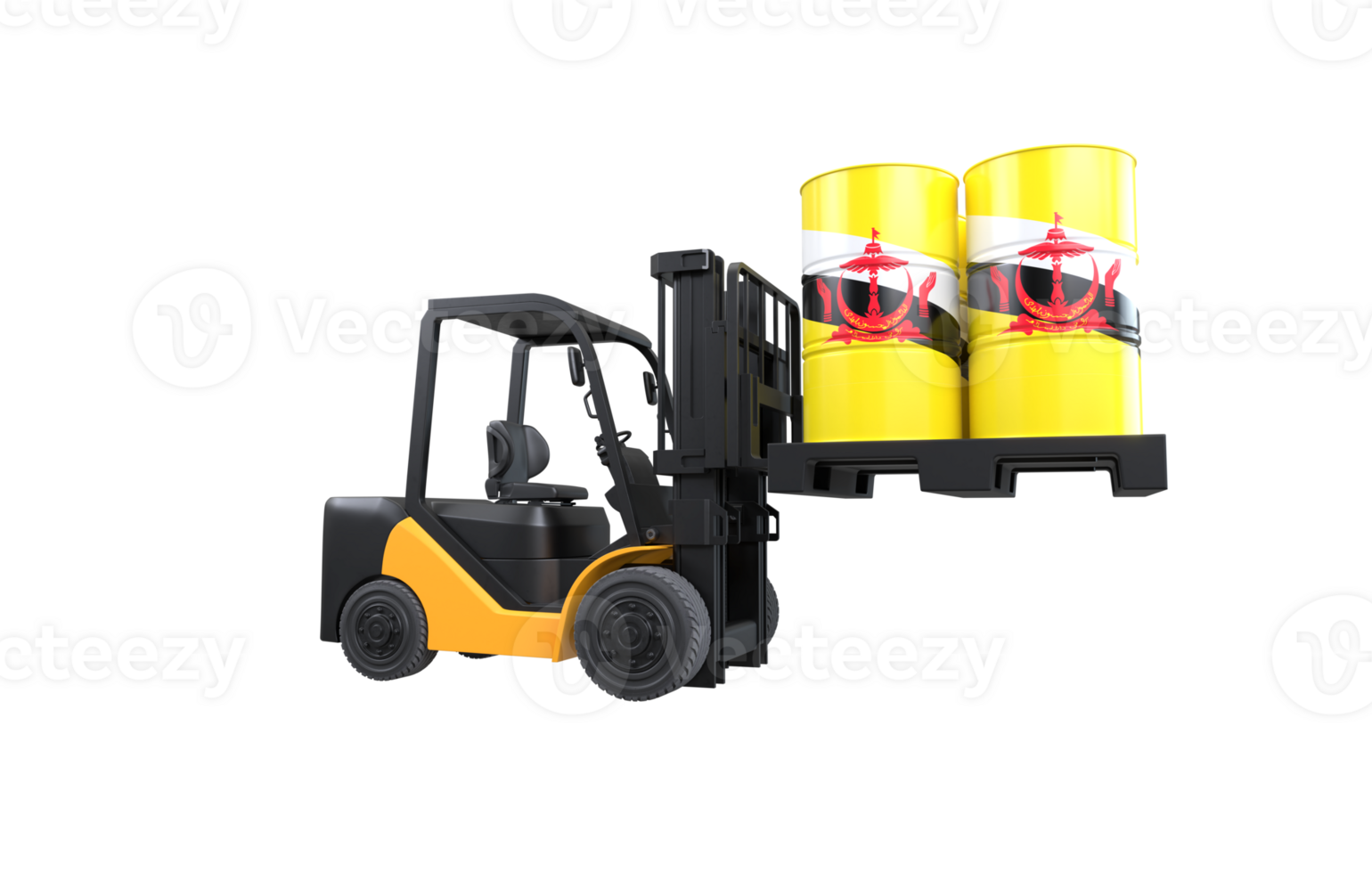 Forklift lifting fuel tank with Brunei flag on transparent background, PNG file