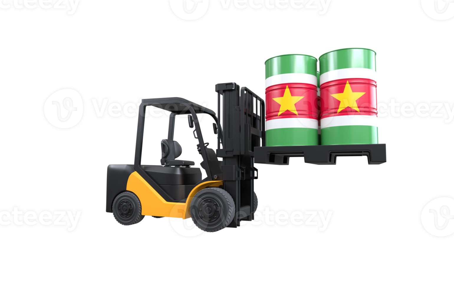 Forklift lifting fuel tank with Suriname flag on transparent background, PNG file