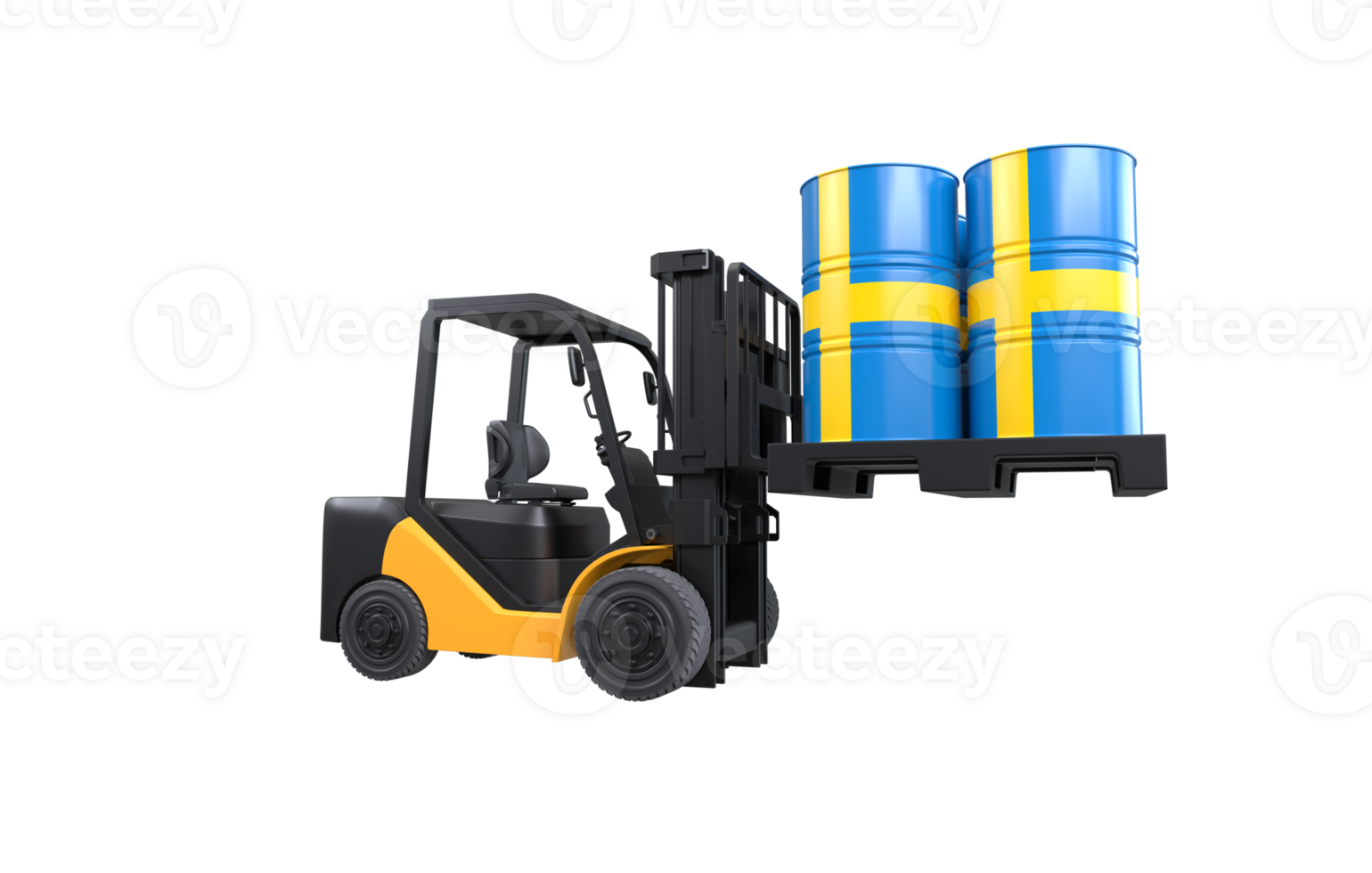 Forklift lifting fuel tank with Sweden flag on transparent background, PNG file