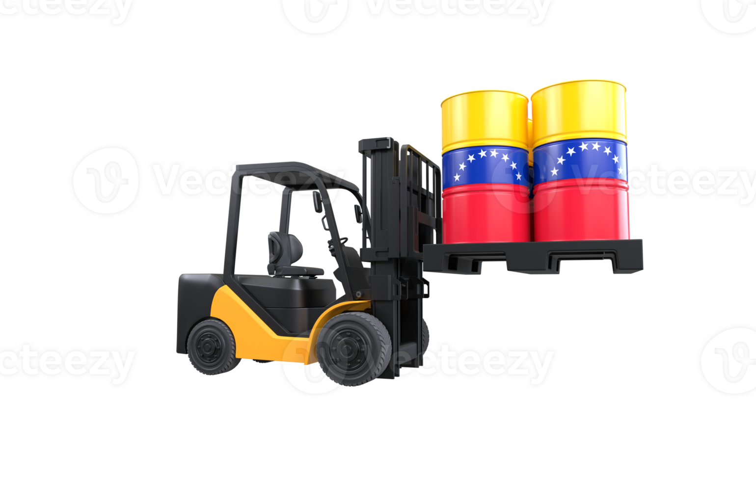 Forklift lifting fuel tank with Venezuela flag on transparent background, PNG file