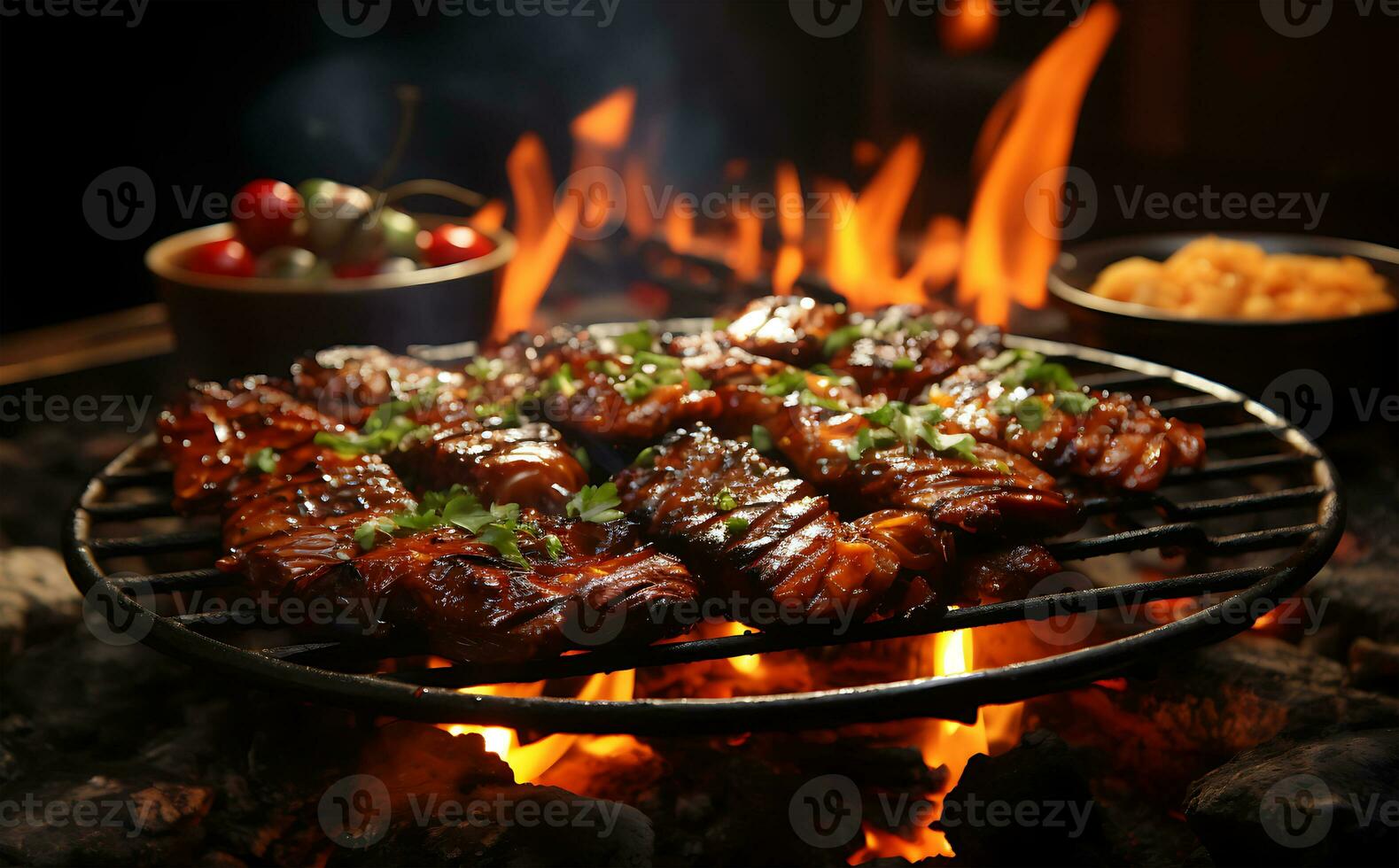 AI generated More delicious food preparation scenes including BBQ on a big plate for dinner photo