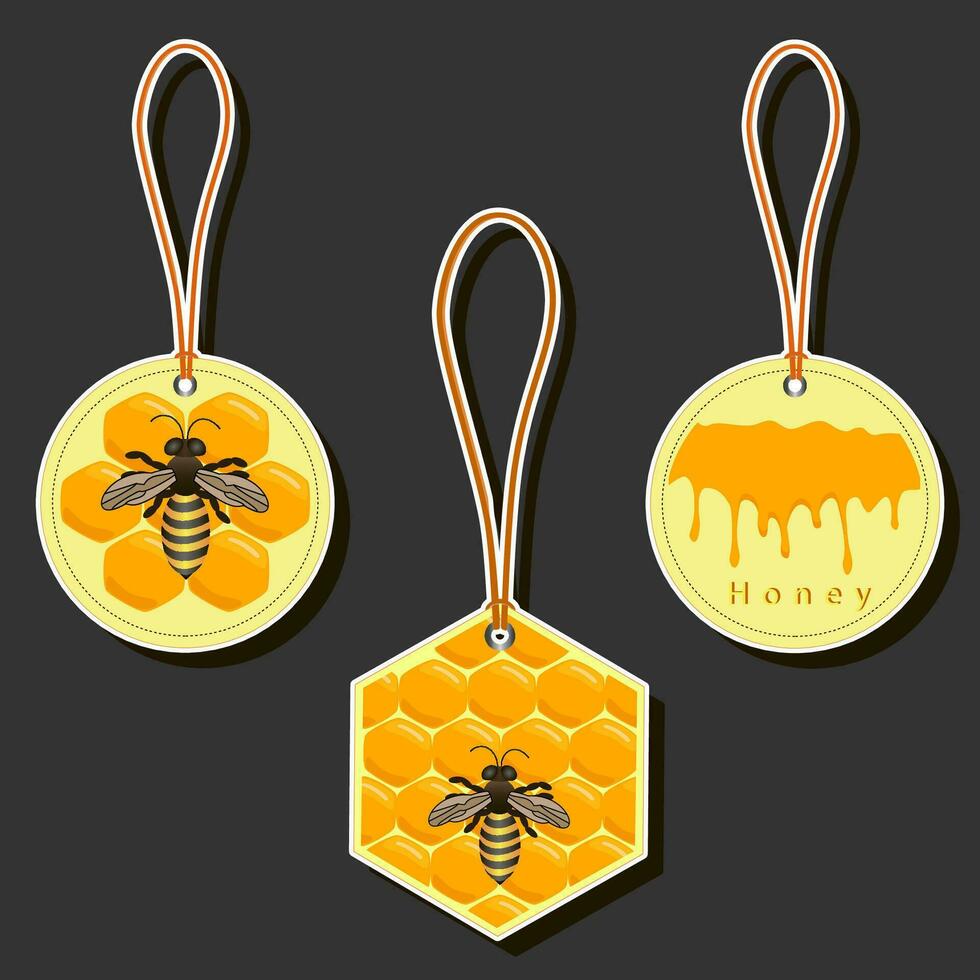 Illustration on theme for label of sugary flowing down honey in honeycomb with bee vector