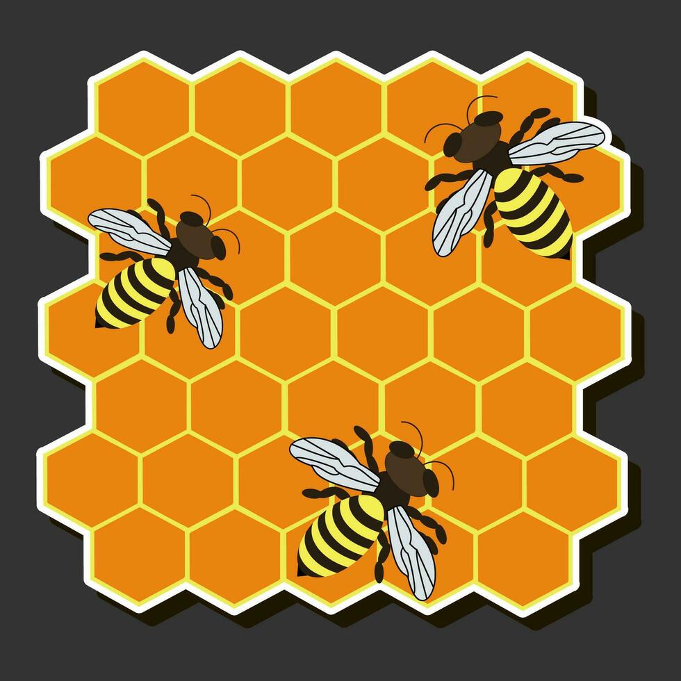Illustration on theme for label of sugary flowing down honey in honeycomb with bee vector