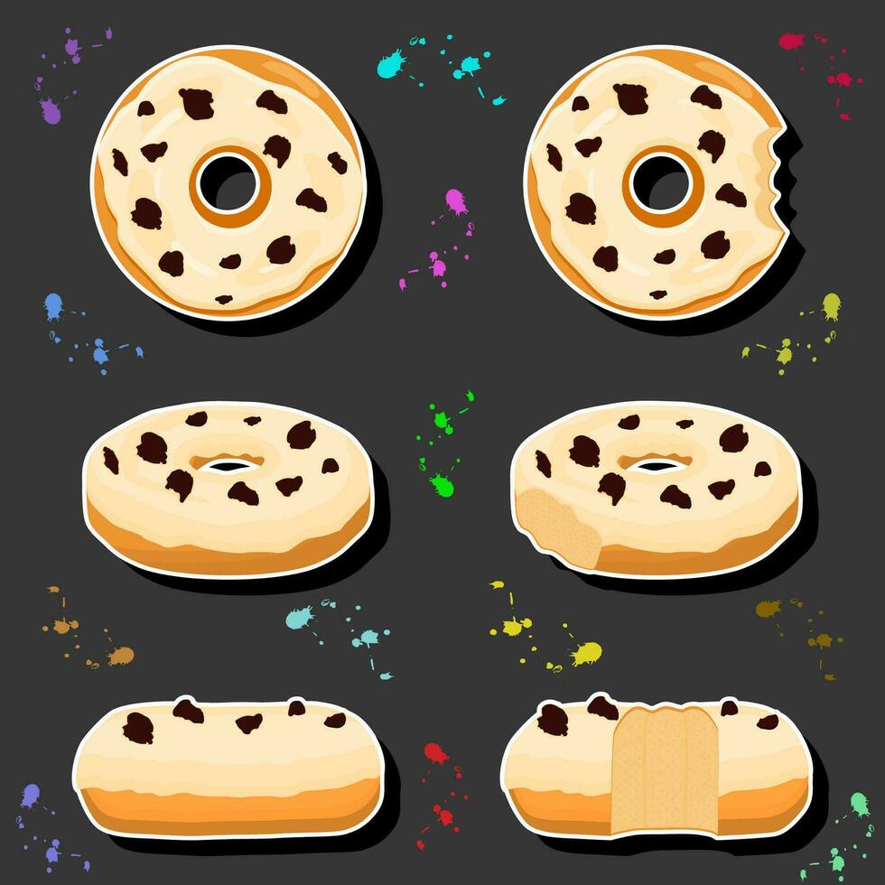 Illustration on theme big set different types sticky donuts, sweet doughnuts various size vector