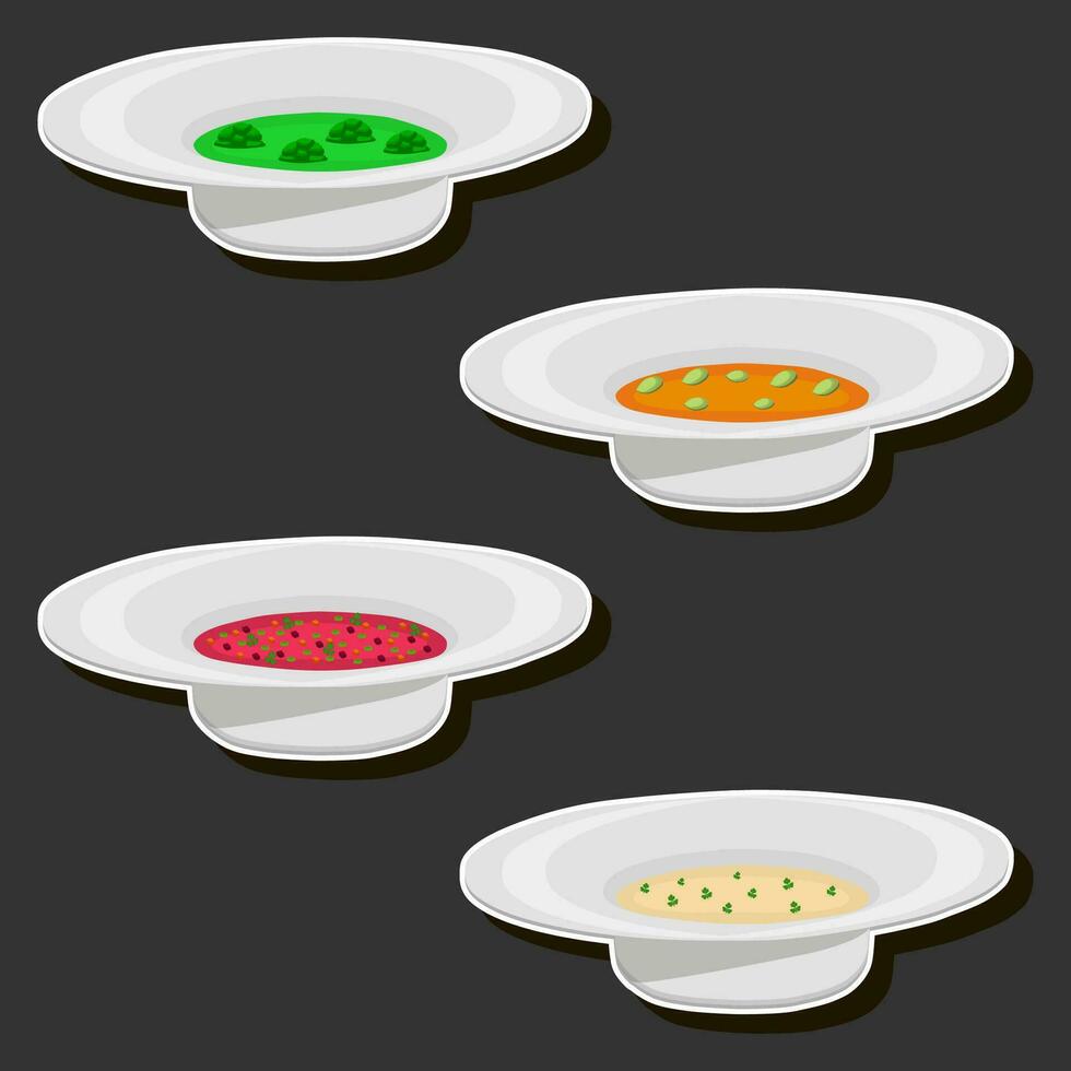 Illustration on theme big set various types beautiful tasty edible hot homemade soups vector