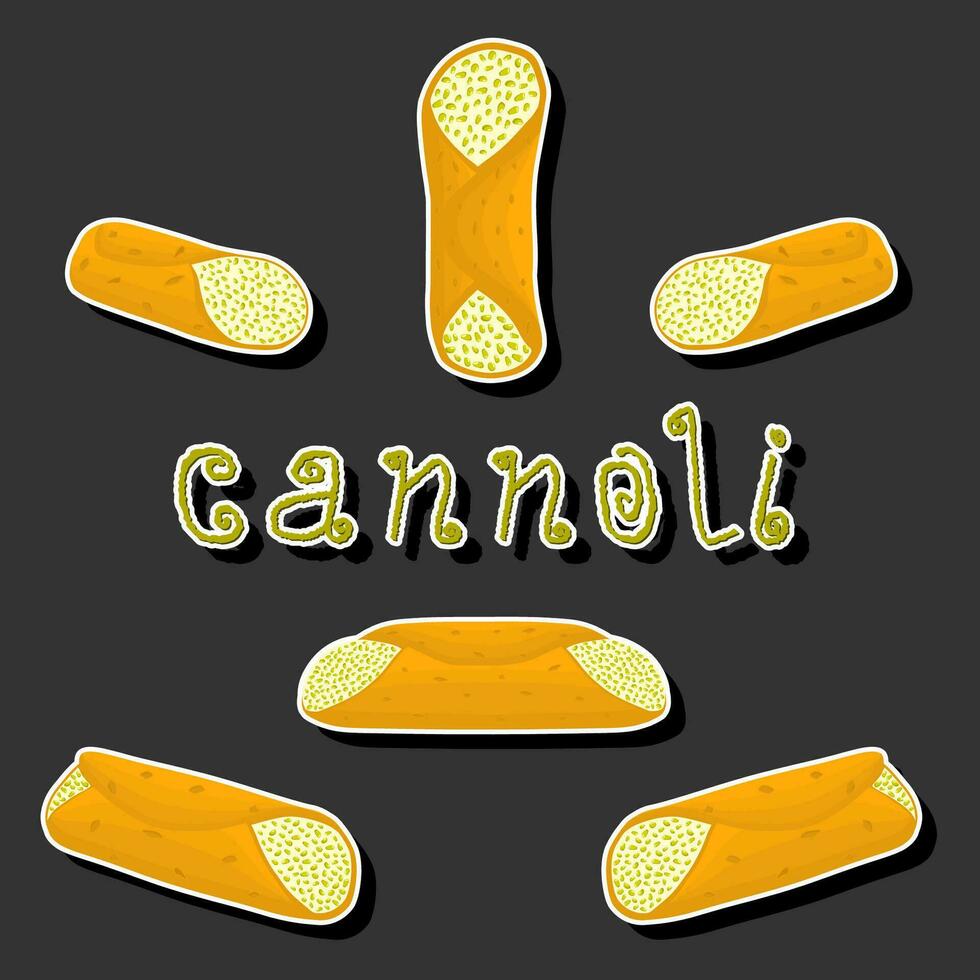 Illustration on theme big set different types sweet waffles Sicilian dessert cannoli vector