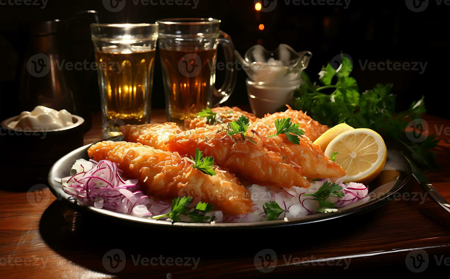 ai generado un ver de Cocinando delicioso filetes de profundo frito pescado con cebolla salsa en un grande plato foto